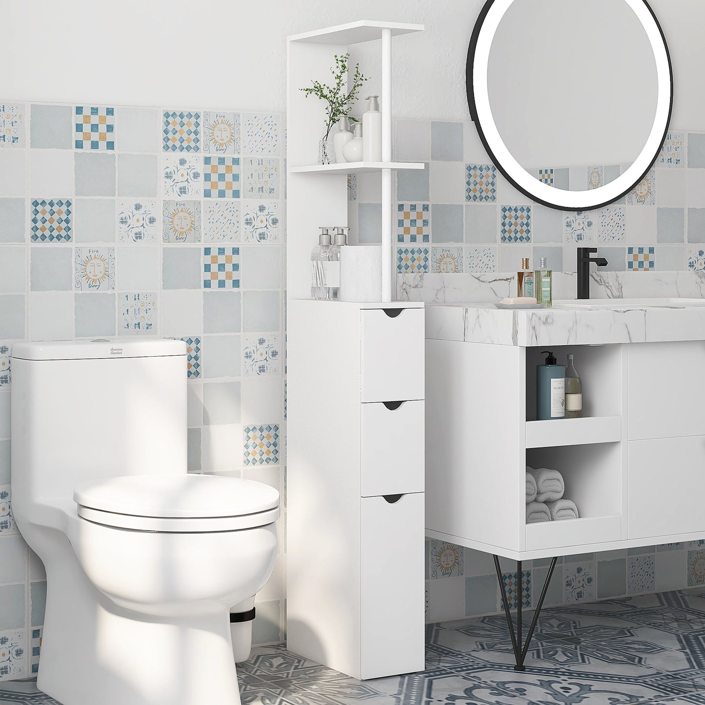 HOMCOM Tall Bathroom Cabinet, Freestanding Bathroom Storage Cabinet with 2-Tier Shelf and Drawers, Narrow Cupboard Storage Unit, White