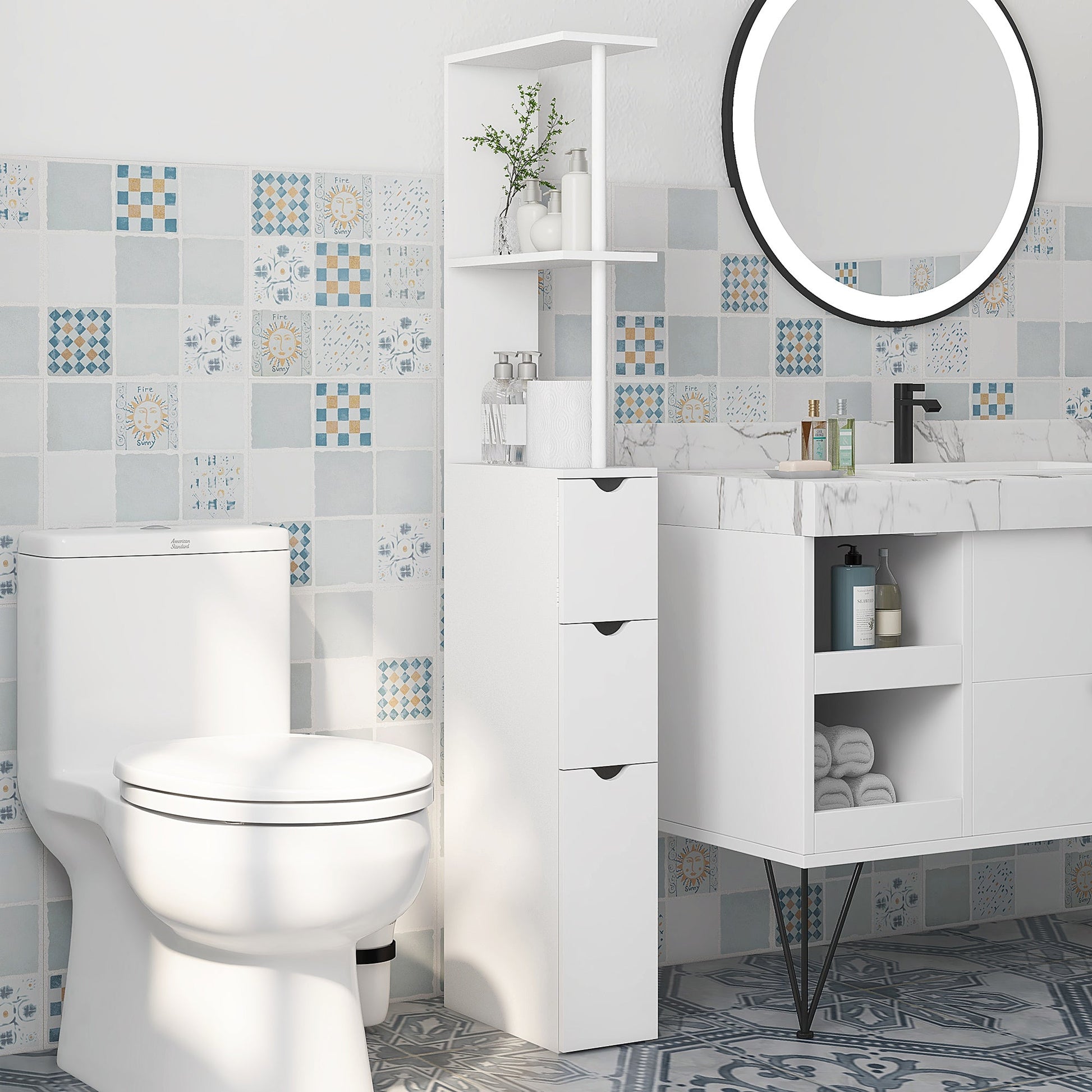 HOMCOM Tall Bathroom Cabinet, Freestanding Bathroom Storage Cabinet with 2-Tier Shelf and Drawers, Narrow Cupboard Storage Unit, White