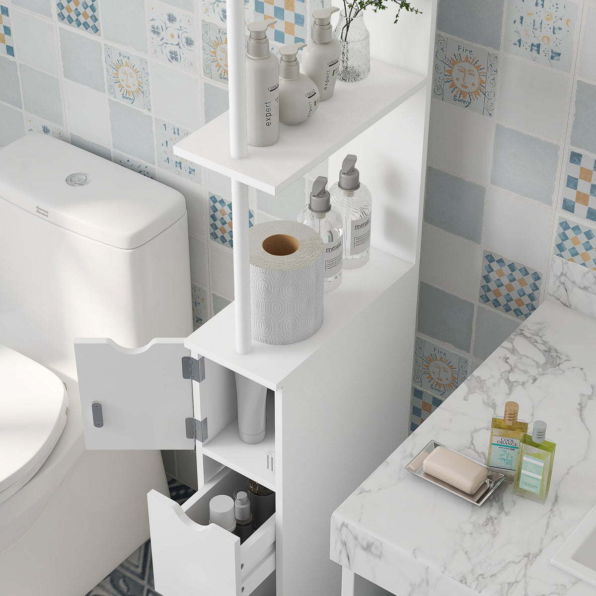 HOMCOM Tall Bathroom Cabinet, Freestanding Bathroom Storage Cabinet with 2-Tier Shelf and Drawers, Narrow Cupboard Storage Unit, White
