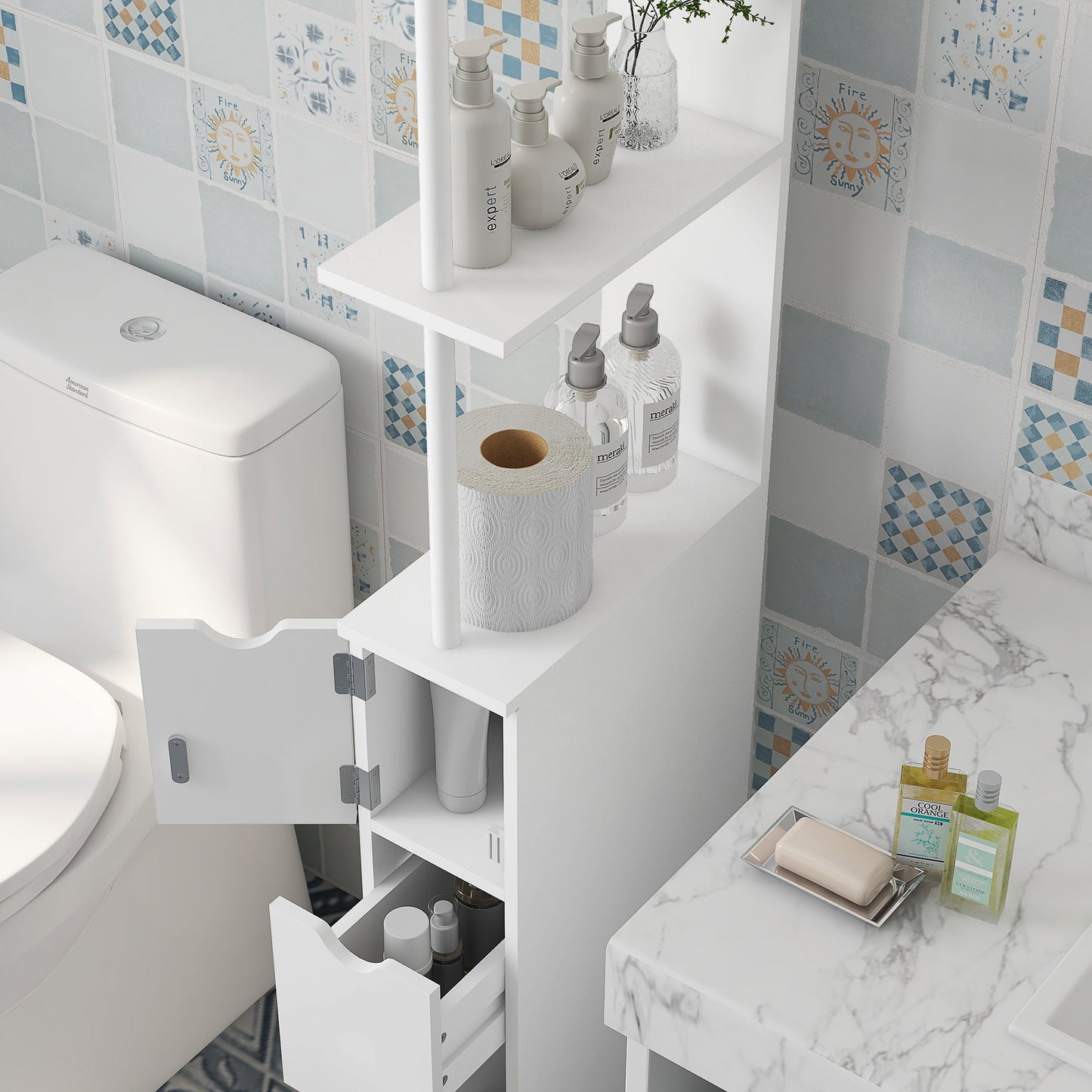 HOMCOM Tall Bathroom Cabinet, Freestanding Bathroom Storage Cabinet with 2-Tier Shelf and Drawers, Narrow Cupboard Storage Unit, White