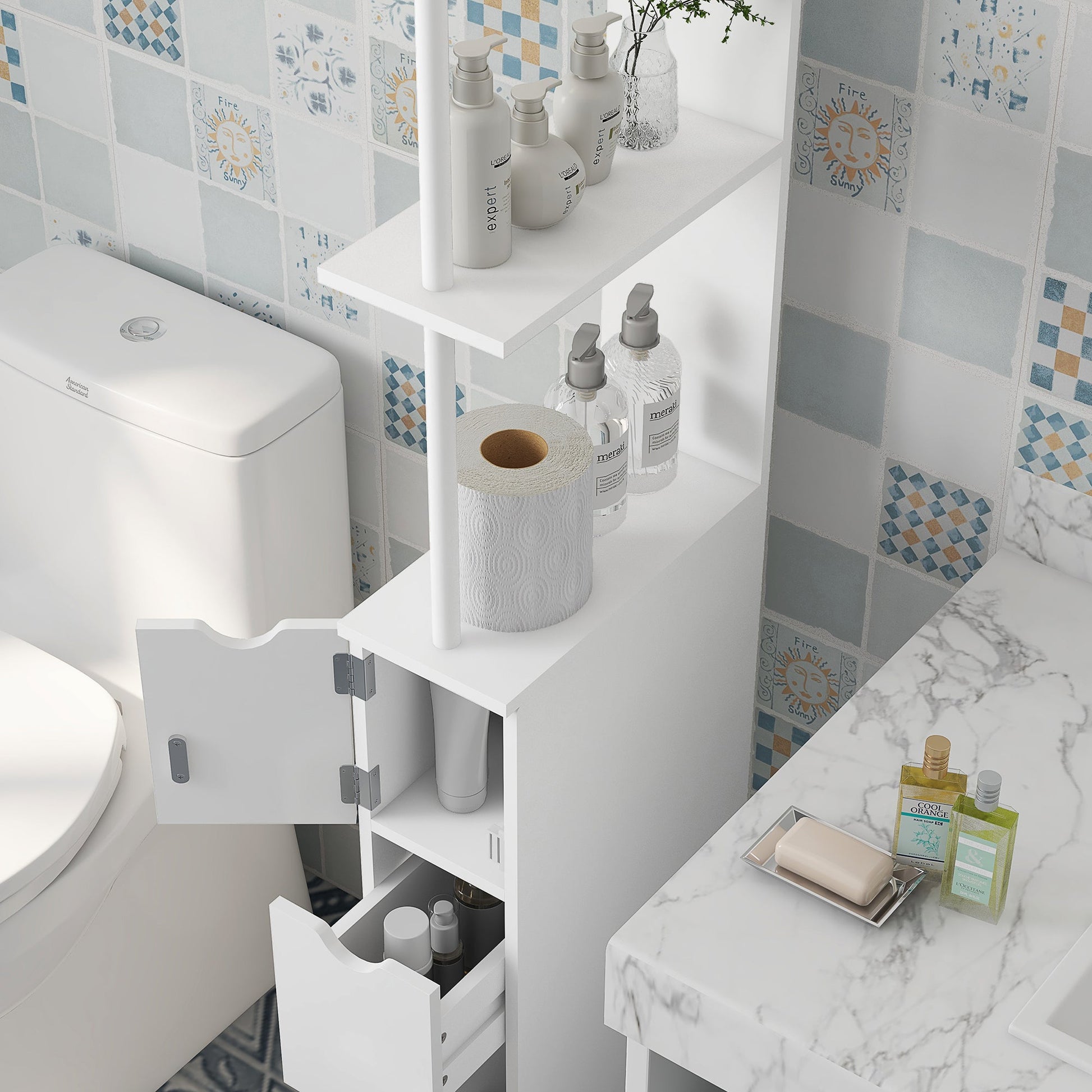 HOMCOM Tall Bathroom Cabinet, Freestanding Bathroom Storage Cabinet with 2-Tier Shelf and Drawers, Narrow Cupboard Storage Unit, White