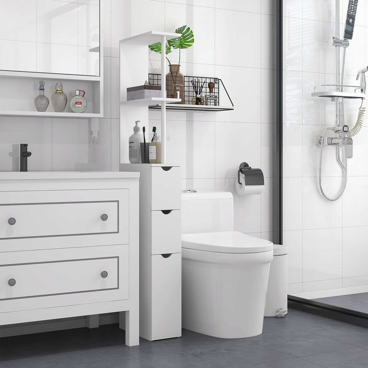 HOMCOM Tall Bathroom Cabinet, Freestanding Bathroom Storage Cabinet with 2-Tier Shelf and Drawers, Narrow Cupboard Storage Unit, White