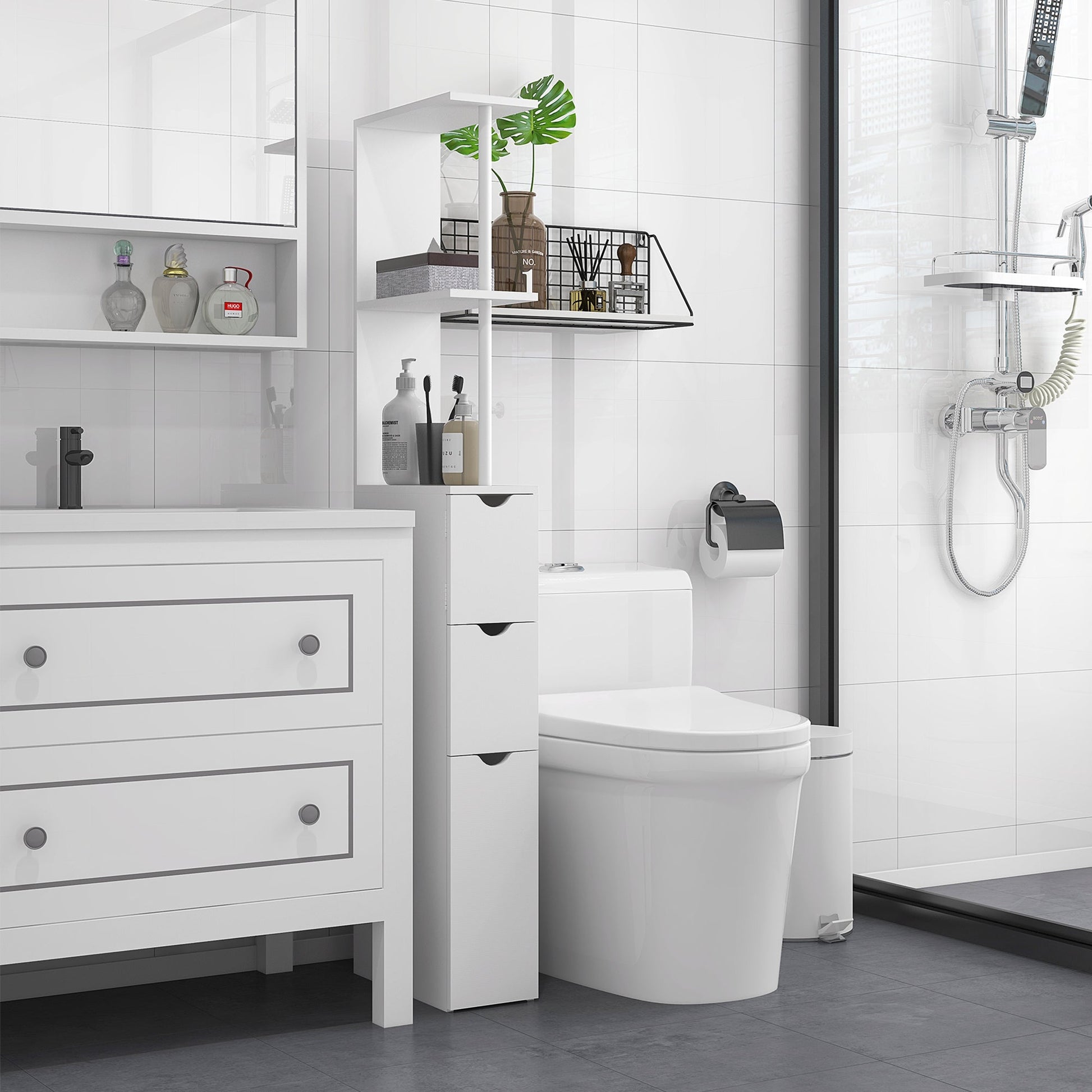 HOMCOM Tall Bathroom Cabinet, Freestanding Bathroom Storage Cabinet with 2-Tier Shelf and Drawers, Narrow Cupboard Storage Unit, White