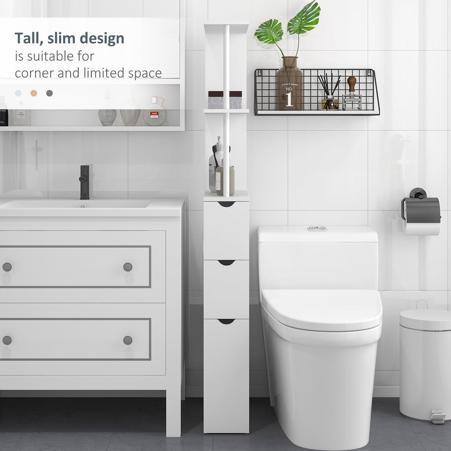 HOMCOM Tall Bathroom Cabinet, Freestanding Bathroom Storage Cabinet with 2-Tier Shelf and Drawers, Narrow Cupboard Storage Unit, White