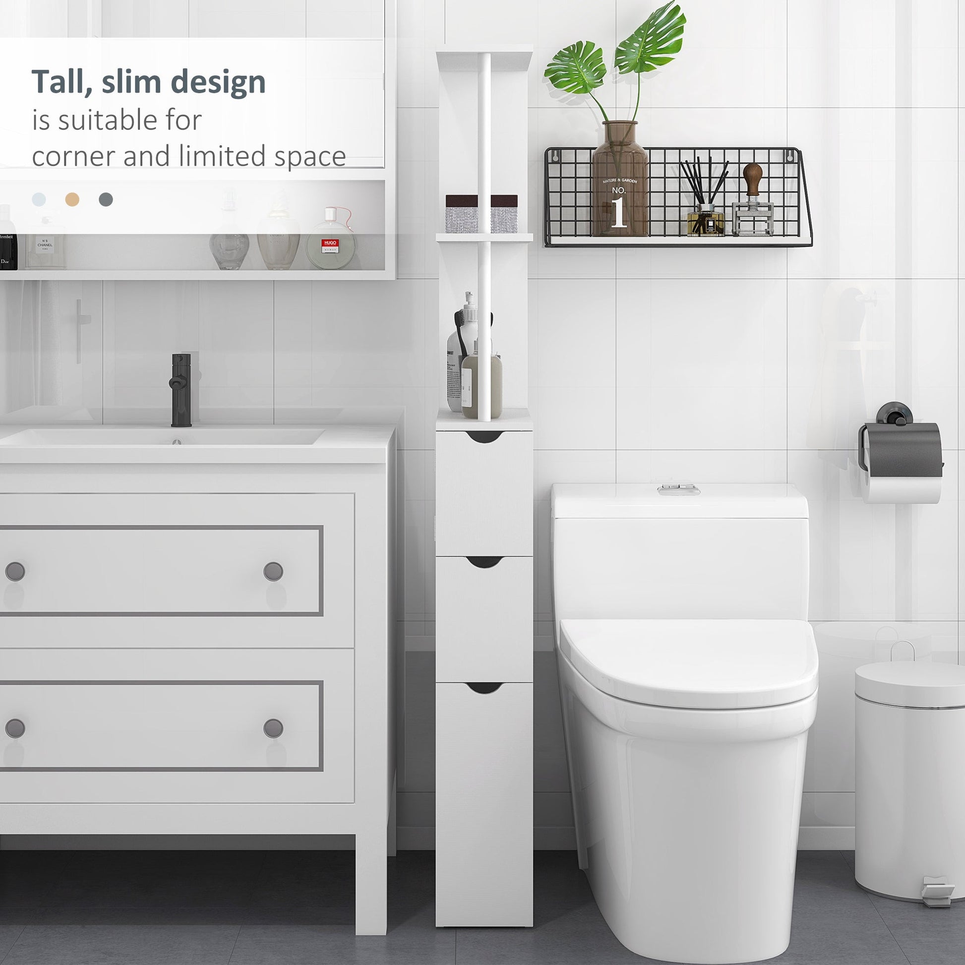 HOMCOM Tall Bathroom Cabinet, Freestanding Bathroom Storage Cabinet with 2-Tier Shelf and Drawers, Narrow Cupboard Storage Unit, White