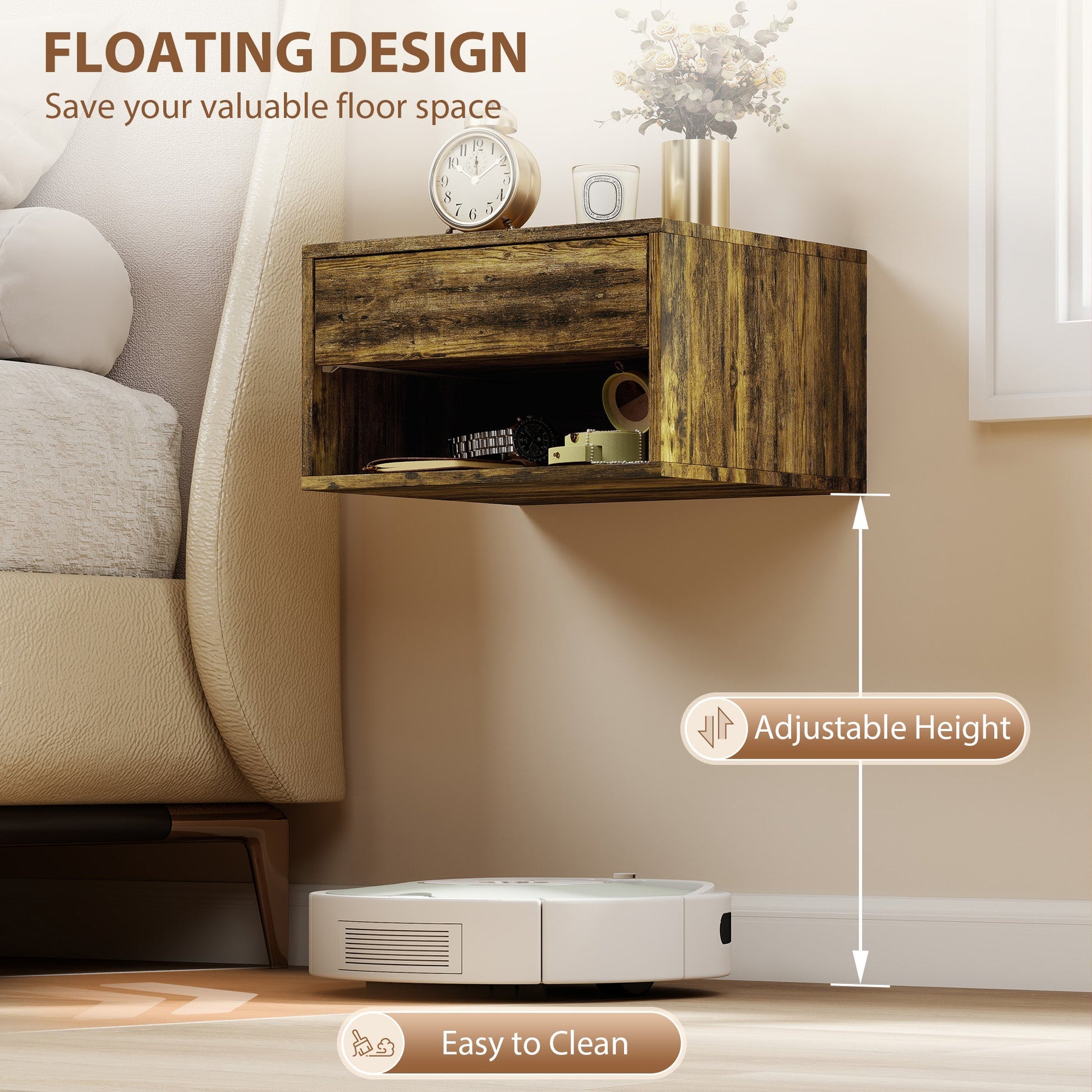 Floating Bedside Tables Set of 2, Wall Mounted Nightstand with Drawer and Open Shelf for Bedroom, Rustic Brown