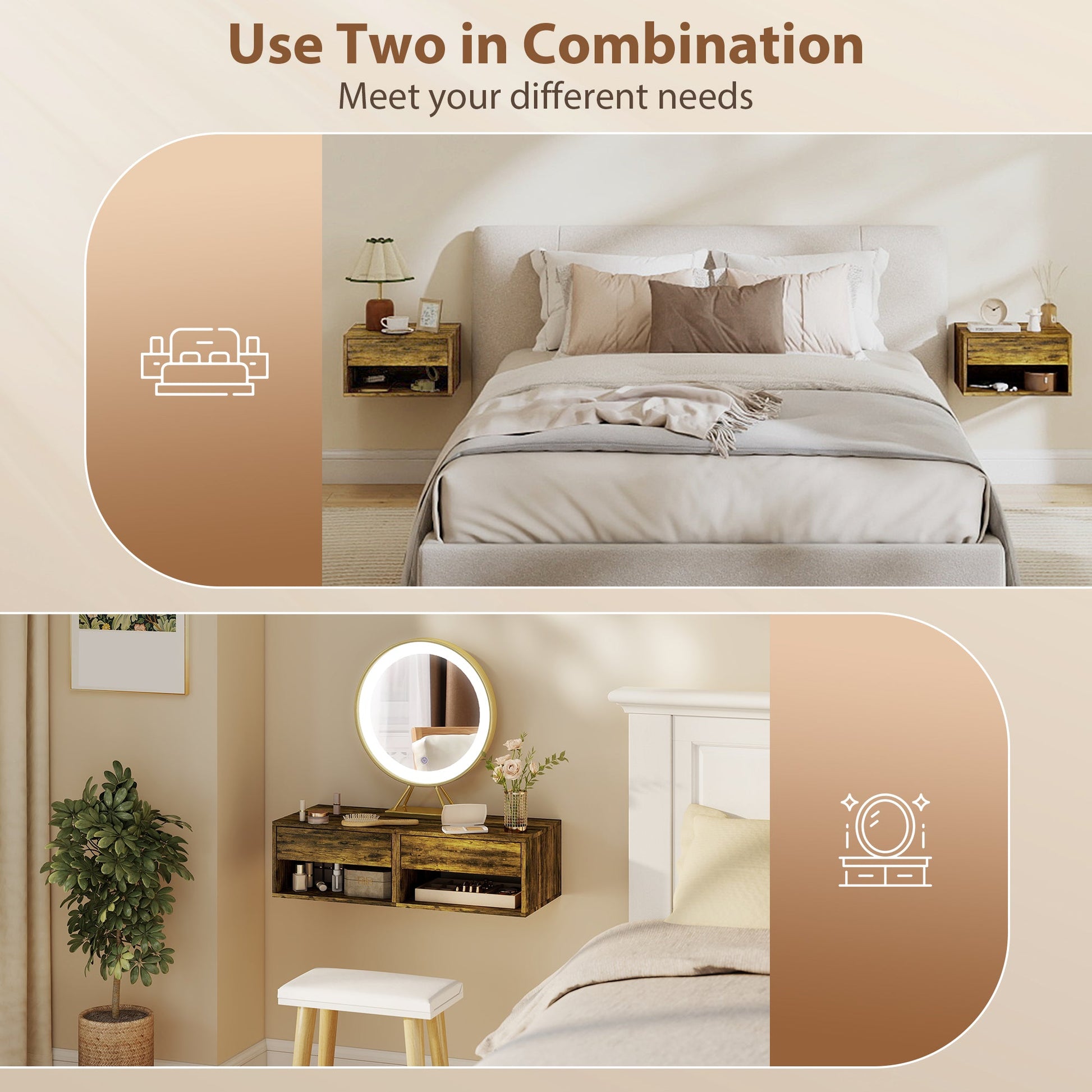 Floating Bedside Tables Set of 2, Wall Mounted Nightstand with Drawer and Open Shelf for Bedroom, Rustic Brown