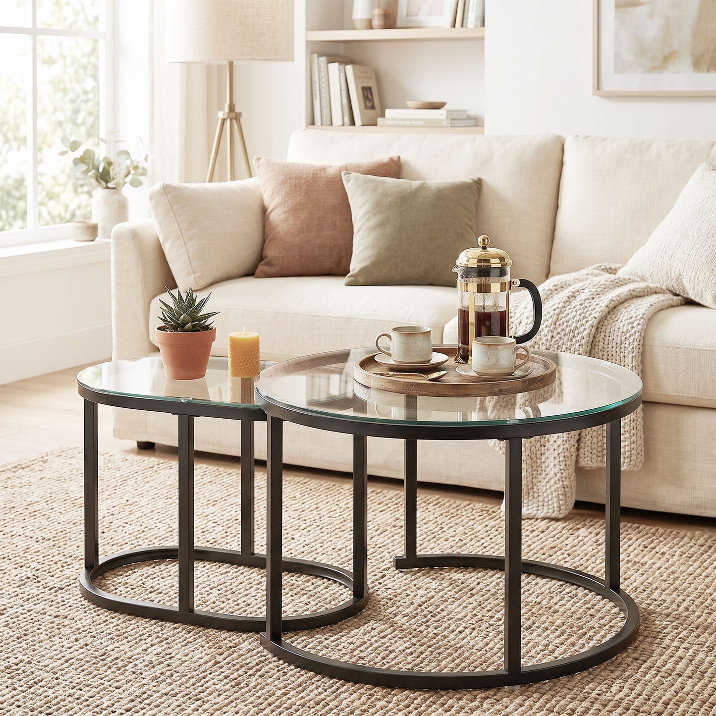 Modern Coffee Table Set of 2, Nest of Tables with Steel Frame and Tempered Glass Tabletop, Side Tables for Living Room Bedroom, Black