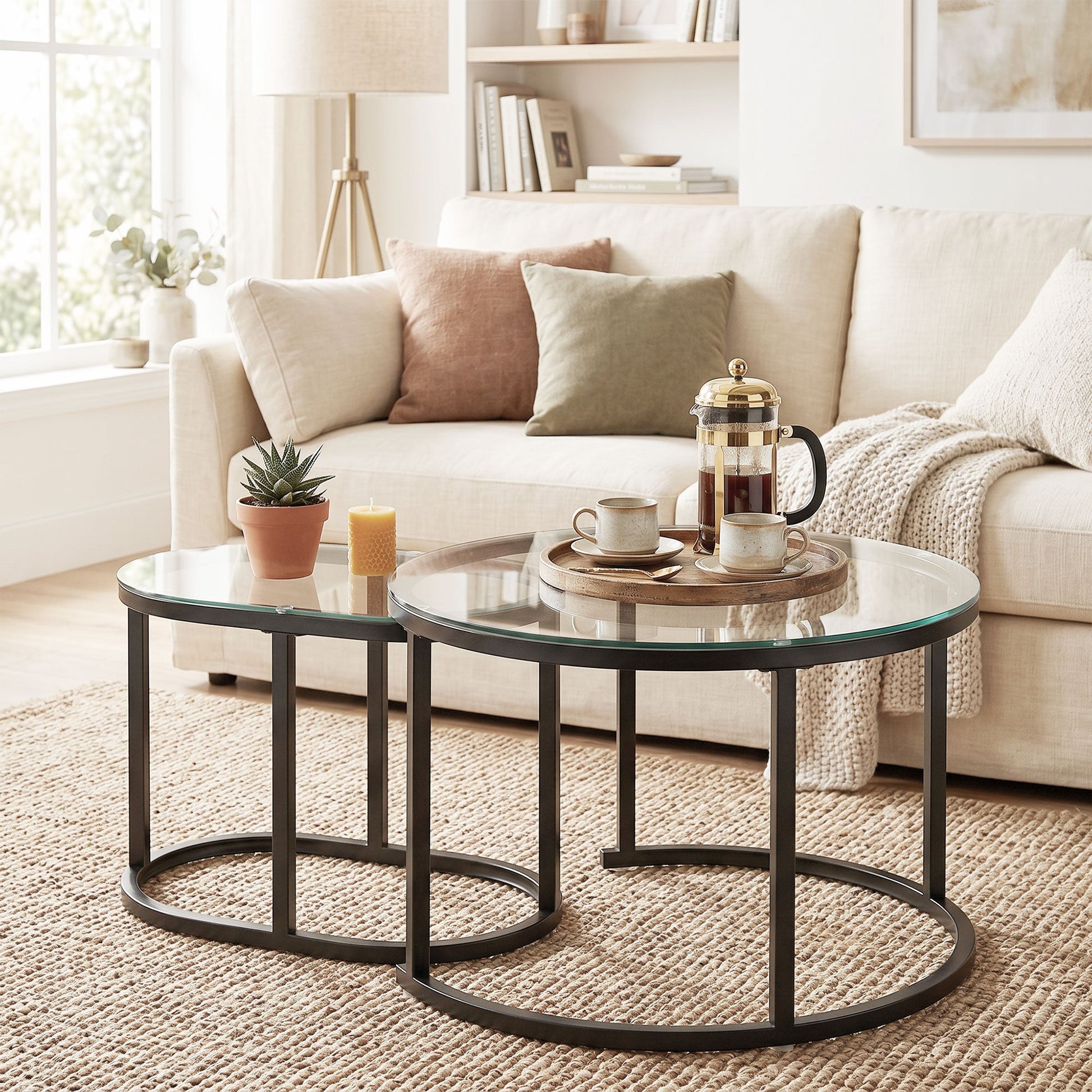 Modern Coffee Table Set of 2, Nest of Tables with Steel Frame and Tempered Glass Tabletop, Side Tables for Living Room Bedroom, Black