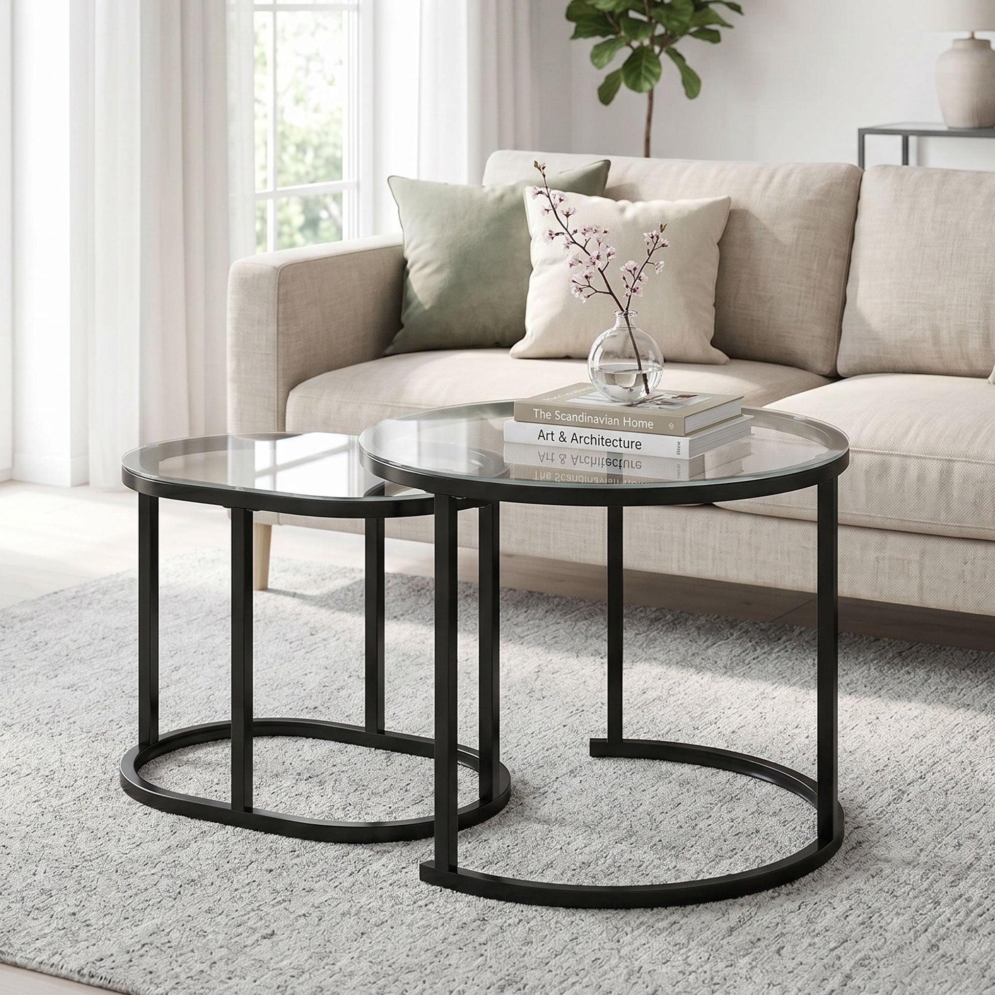 Modern Coffee Table Set of 2, Nest of Tables with Steel Frame and Tempered Glass Tabletop, Side Tables for Living Room Bedroom, Black
