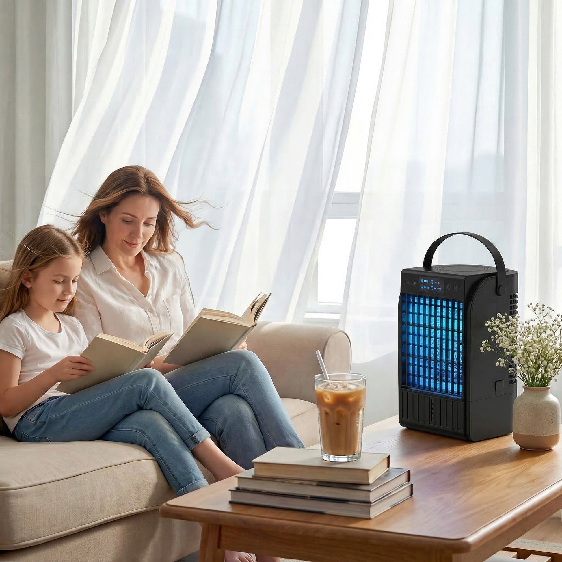Portable Air Conditioner, 4-in-1 Mini Air Cooler with 4 Wind Speed, 2 Mist Mode, RGB 7 LED Light, 1500ml Water Tank, 2-6H Timer, Small Cooling Fan for Home, Office, Bedroom, Black