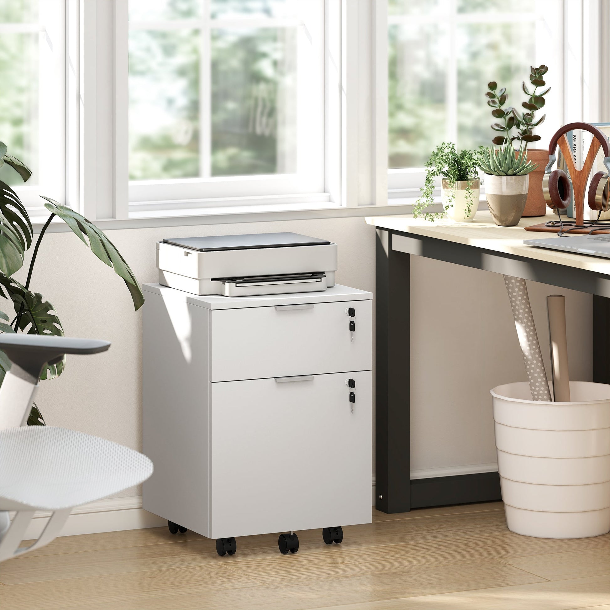 Mobile File Cabinet with Wheels and Lock, 2 Drawer Under Desk Office Cabinet, Adjustable A4 and Letter Hanging Bars, White