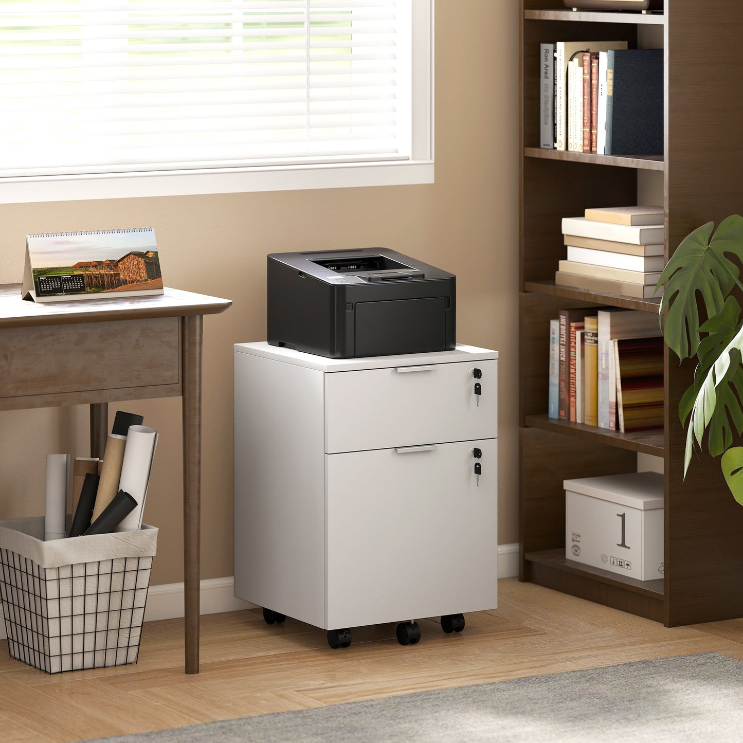 Mobile File Cabinet with Wheels and Lock, 2 Drawer Under Desk Office Cabinet, Adjustable A4 and Letter Hanging Bars, White
