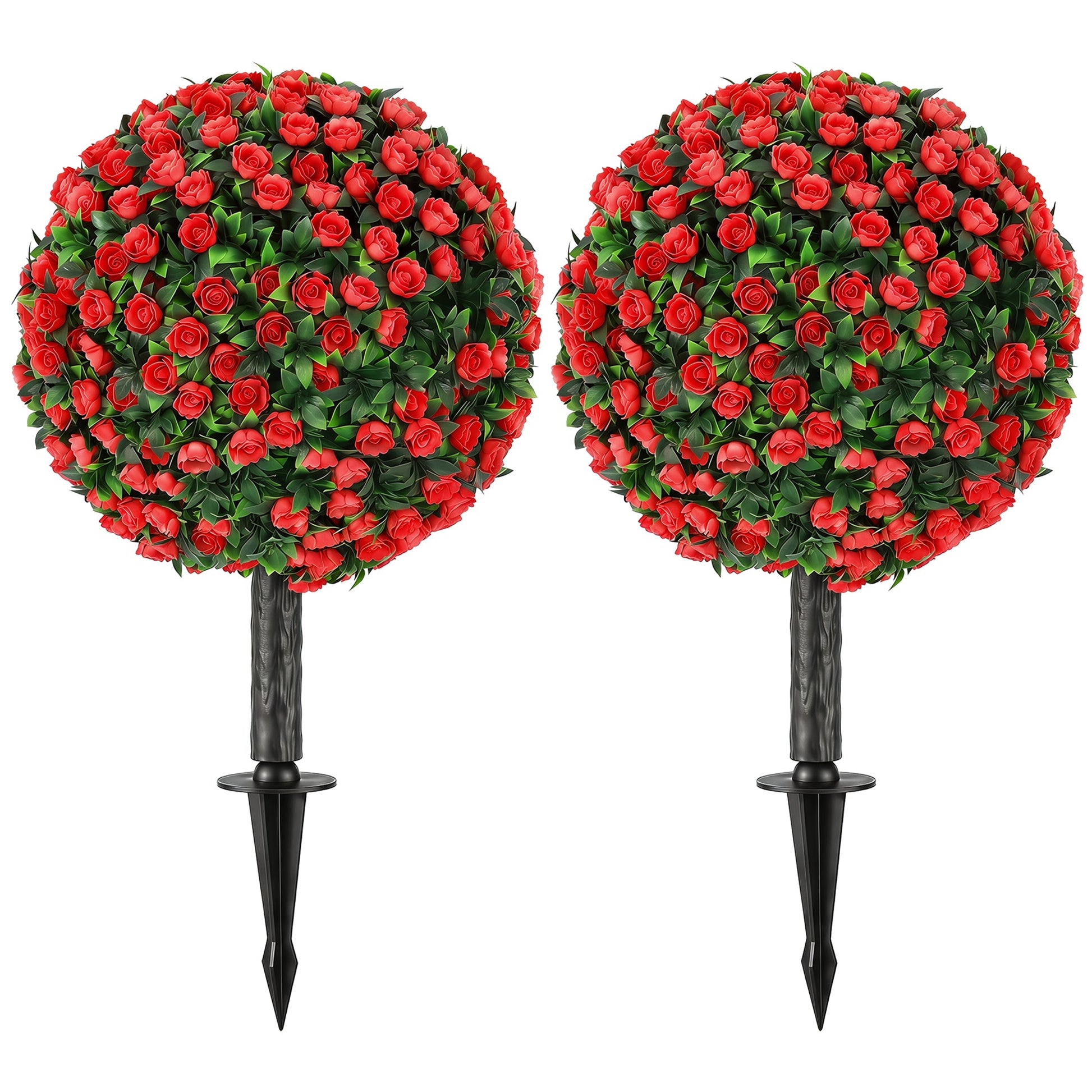Set of 2 55 cm Artificial Rose Topiary with Ground Stake, UV-Resistant Fake Plants with 306 Roses and Leaves for Indoor Outdoor Home Office Garden Decor, Red