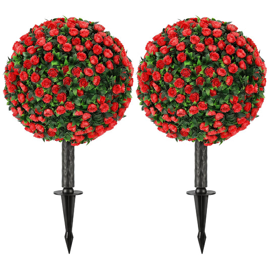 Set of 2 55 cm Artificial Rose Topiary with Ground Stake, UV-Resistant Fake Plants with 306 Roses and Leaves for Indoor Outdoor Home Office Garden Decor, Red