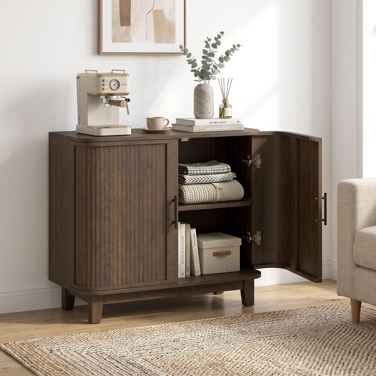 80cm Sideboard Buffet Cabinet, Modern Storage Cabinet with 2 Curved Doors, Adjustable Shelf and Legs for Dining Room, Hallway, Dark Walnut