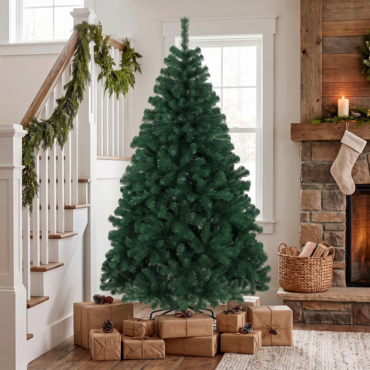 6ft/180cm Artificial Christmas Tree, Fir Hinged Xmas Tree with 700 Branch Tips, Foldable Steel Stand, Easy Assembly for Home Office Holiday Decoration, Green