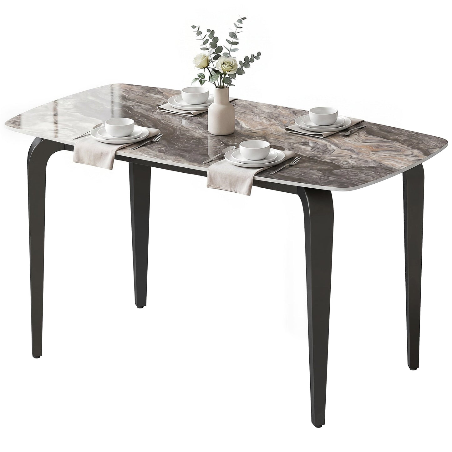 Dining Table for 4, 130W x 70D x 75H cm, Modern Kitchen Table with Sintered Stone Tabletop, Metal Legs for Dining Room, Kitchen, Living Room, Brown