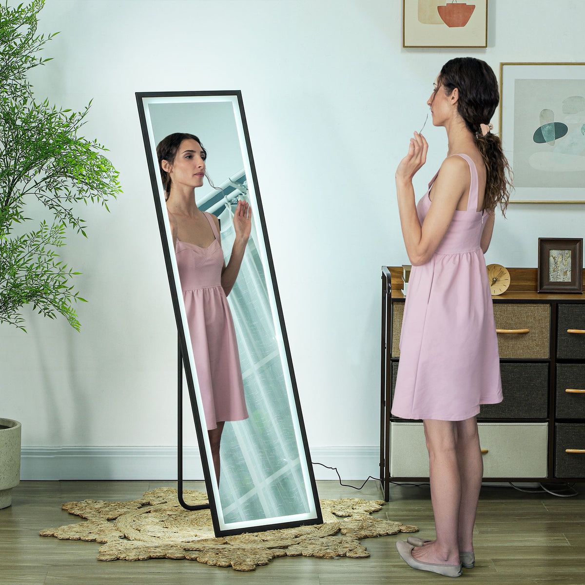 HOMCOM Full Length Mirror with LED Lights, 150 x 40cm Free Standing Mirror with Dimming and 3 Colour Lighting, Leaning or Wall Mirror with Metal Frame for Living Room, Bedroom, Black