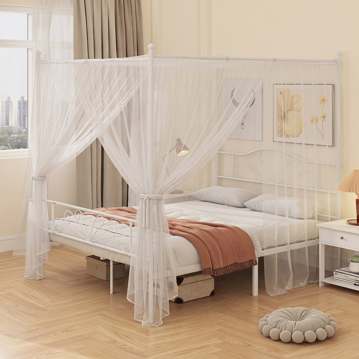 Canopy Bed Frame Double Size, Metal Platform Bed Frame with Headboard and Footboard, Underbed Storage, Heavy Duty Steel Slats Support Mattress Foundation, No Box Spring Needed, White