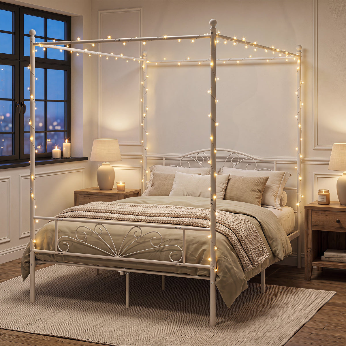 Canopy Bed Frame Double Size, Metal Platform Bed Frame with Headboard and Footboard, Underbed Storage, Heavy Duty Steel Slats Support Mattress Foundation, No Box Spring Needed, White