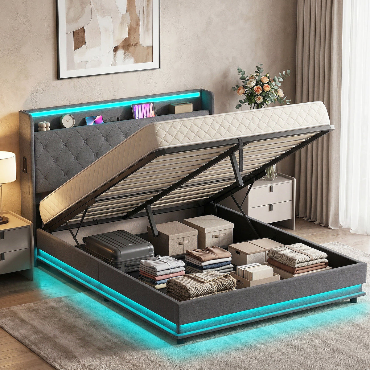 5ft King Ottoman Bed Frame with Hydraulic Storage, APP Control LED Lights and Charging Station, Upholstered Lift Up Storage Bed Frame with Headboard, No Box Spring Needed, Dark Grey