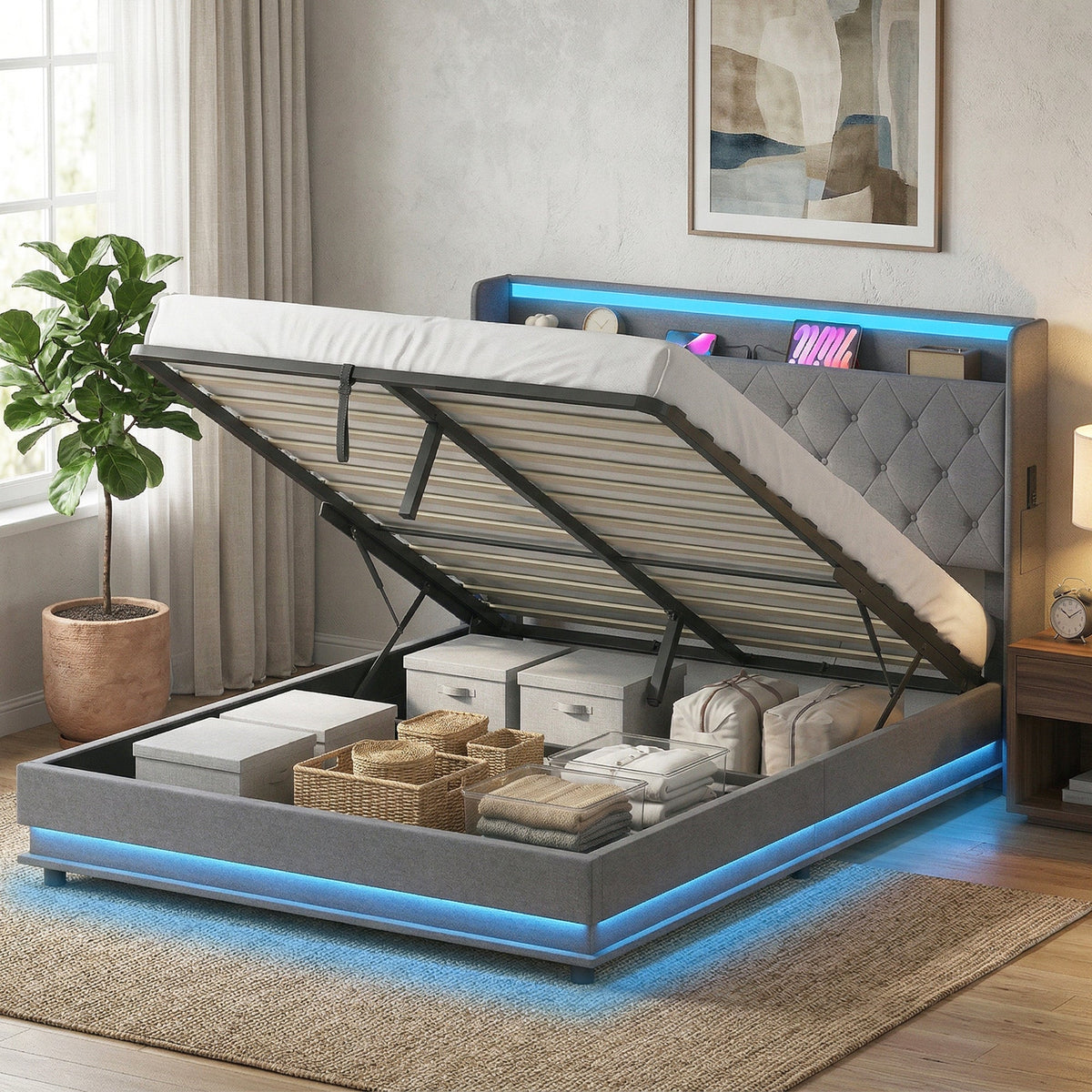 5ft King Ottoman Bed Frame with Hydraulic Storage, APP Control LED Lights and Charging Station, Upholstered Lift Up Storage Bed Frame with Headboard, No Box Spring Needed, Dark Grey