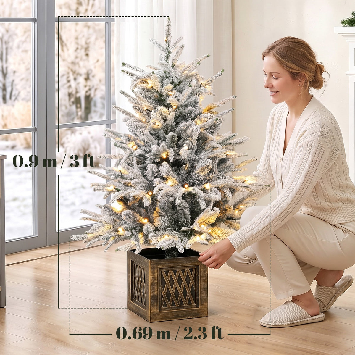 90 cm Prelit Flocked Christmas Tree, Artificial Table Christmas Tree with 70 Warm White LED Lights, 488 Tips, Base Stand, Green White