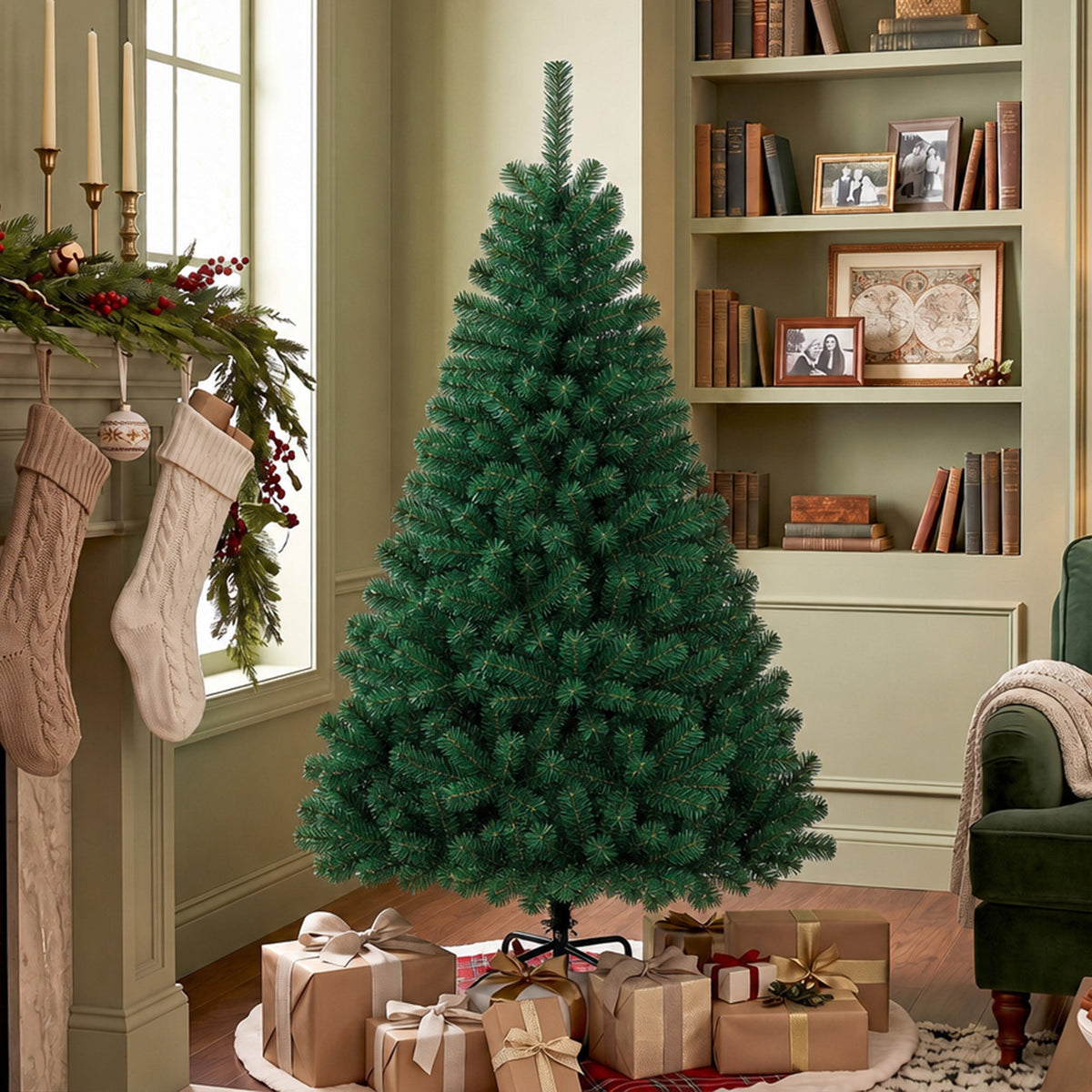 5ft/150cm Artificial Christmas Tree, Fir Hinged Xmas Tree with 420 Branch Tips, Foldable Steel Stand, Easy Assembly for Home Office Holiday Decoration, Green