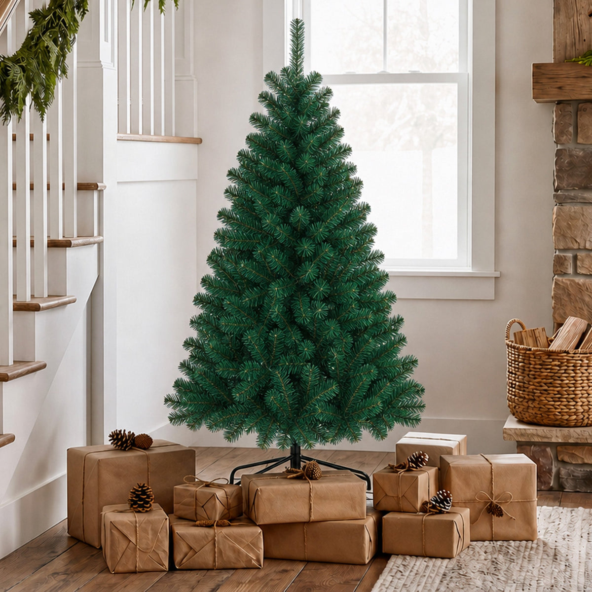 5ft/150cm Artificial Christmas Tree, Fir Hinged Xmas Tree with 420 Branch Tips, Foldable Steel Stand, Easy Assembly for Home Office Holiday Decoration, Green