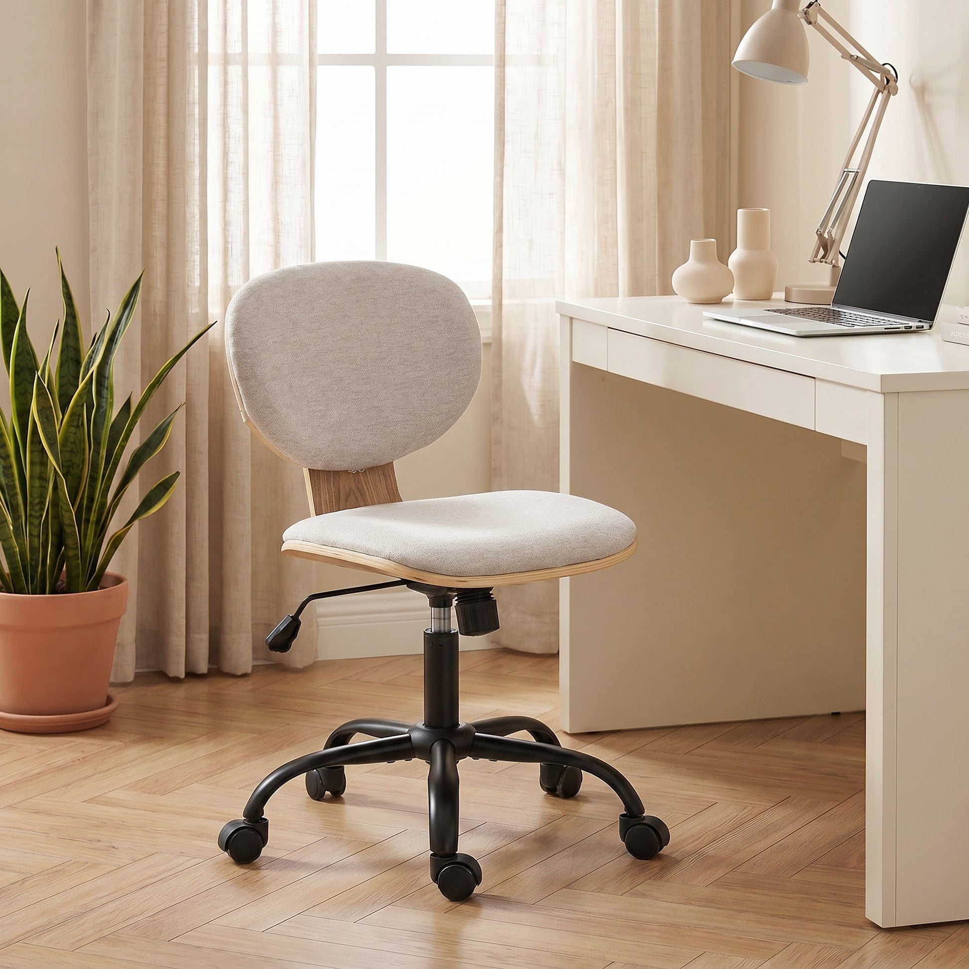 Home Office Chair, Swivel Computer Desk Chair with Rocking Function, Adjustable Height, Curved Back, Wheels, Armless, Light Grey