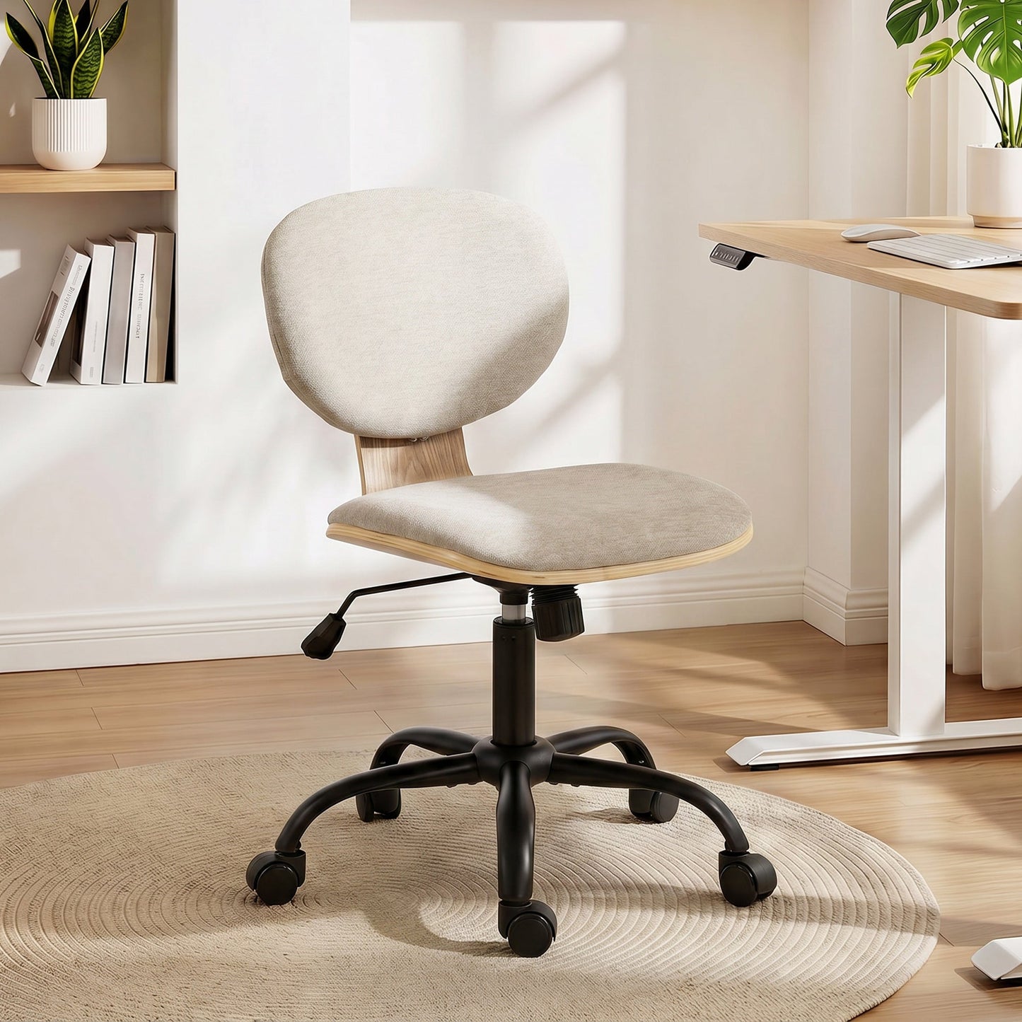 Home Office Chair, Swivel Computer Desk Chair with Rocking Function, Adjustable Height, Curved Back, Wheels, Armless, Light Grey