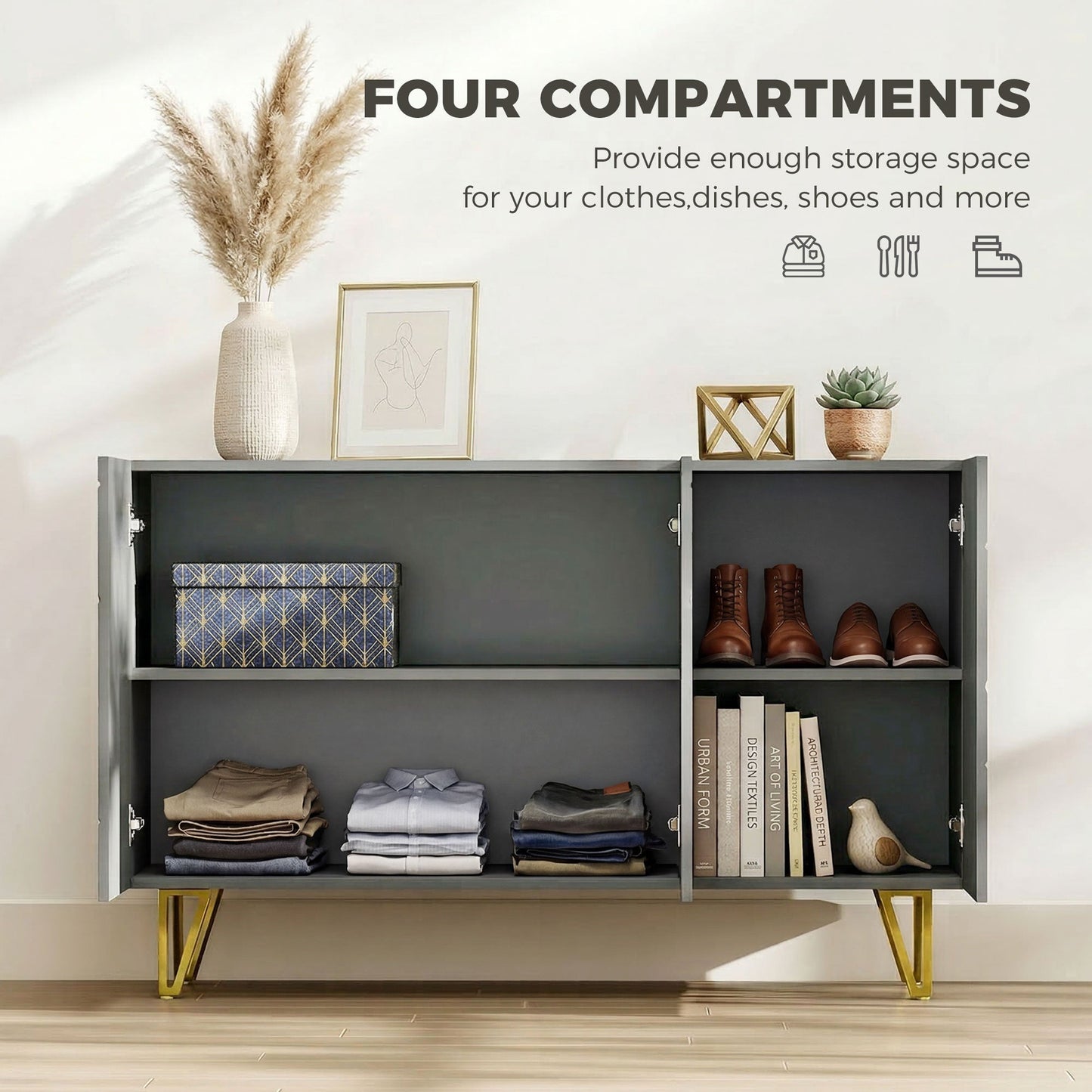Storage Cabinet with High Gloss, Freestanding Sideboard with Adjustable Shelves, Soft-Close Doors and Gold Tone Hairpin Legs for Living Room, Dining Room, Hallway, Grey