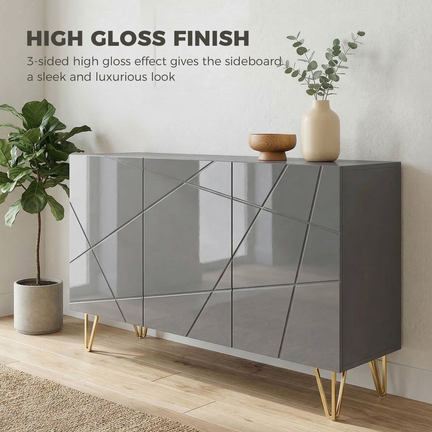 Storage Cabinet with High Gloss, Freestanding Sideboard with Adjustable Shelves, Soft-Close Doors and Gold Tone Hairpin Legs for Living Room, Dining Room, Hallway, Grey