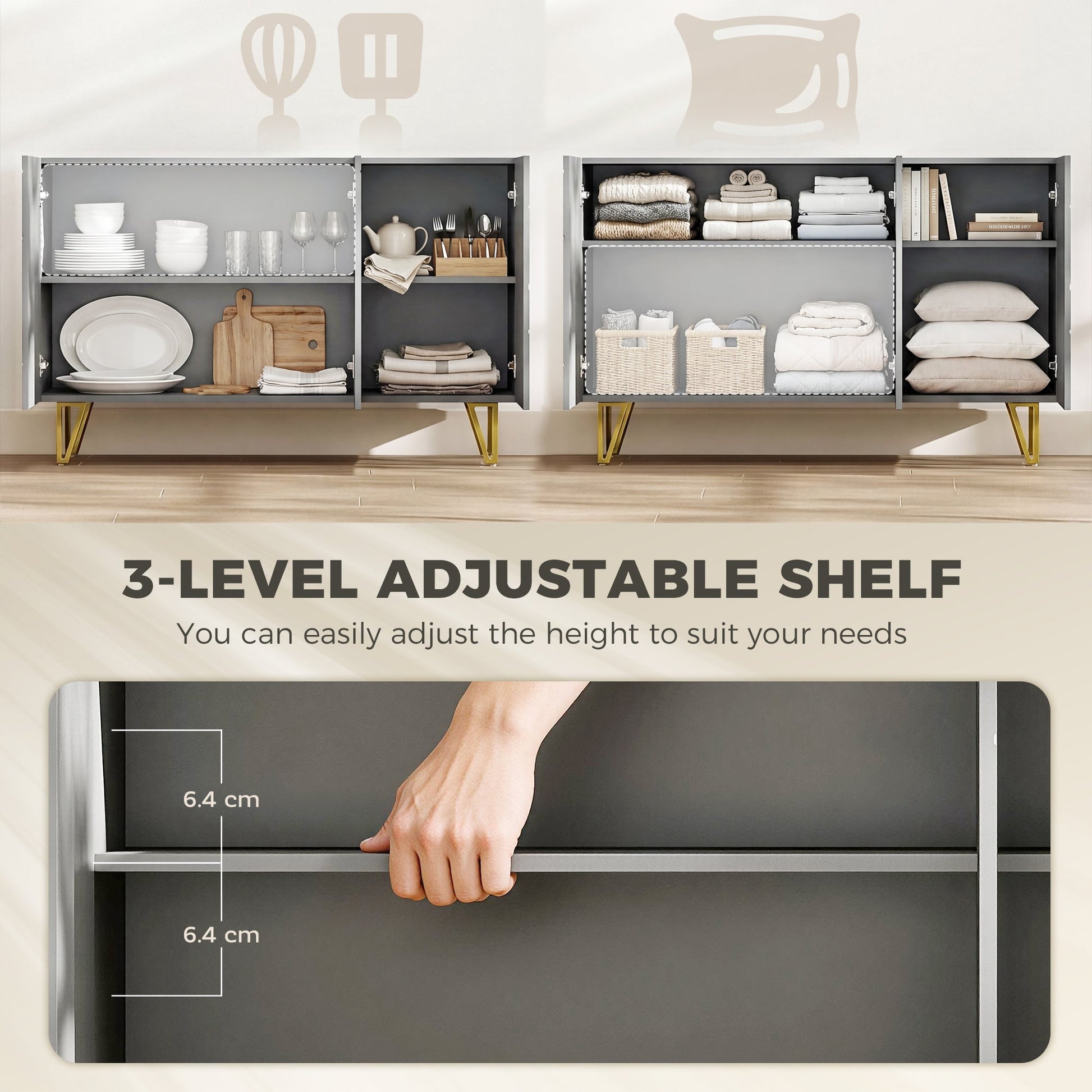 Storage Cabinet with High Gloss, Freestanding Sideboard with Adjustable Shelves, Soft-Close Doors and Gold Tone Hairpin Legs for Living Room, Dining Room, Hallway, Grey