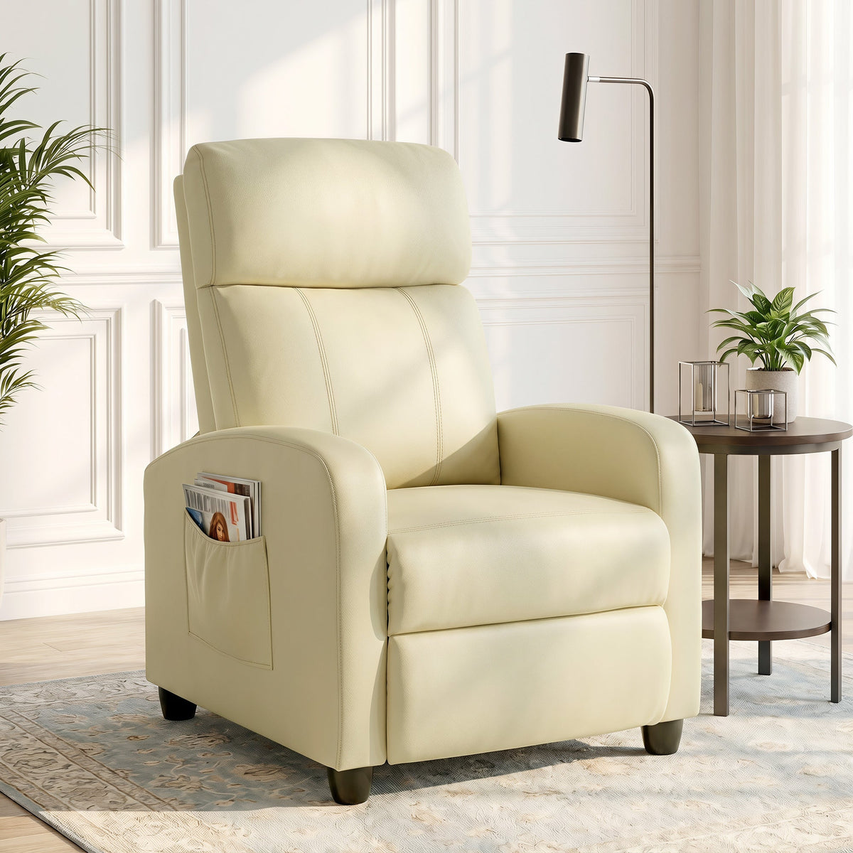 Recliner Armchair, Massage Faux Leather Push Back Reclining Chair with Adjustable Leg Rest, Side Pocket, for Home Living Room Theatre, Cream White