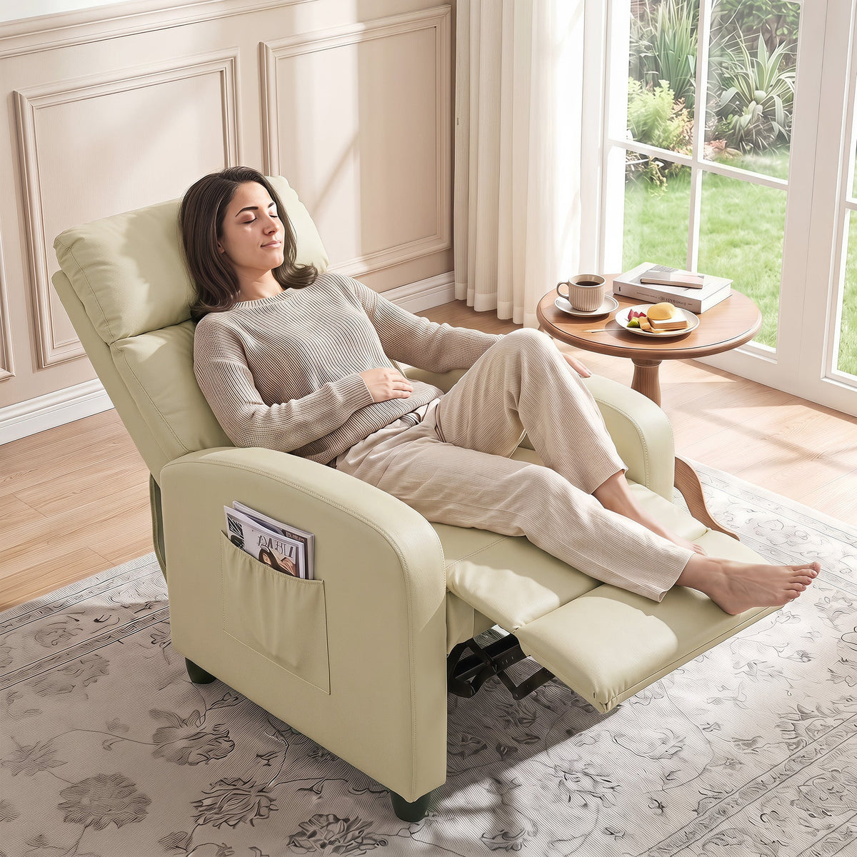 Recliner Armchair, Massage Faux Leather Push Back Reclining Chair with Adjustable Leg Rest, Side Pocket, for Home Living Room Theatre, Cream White