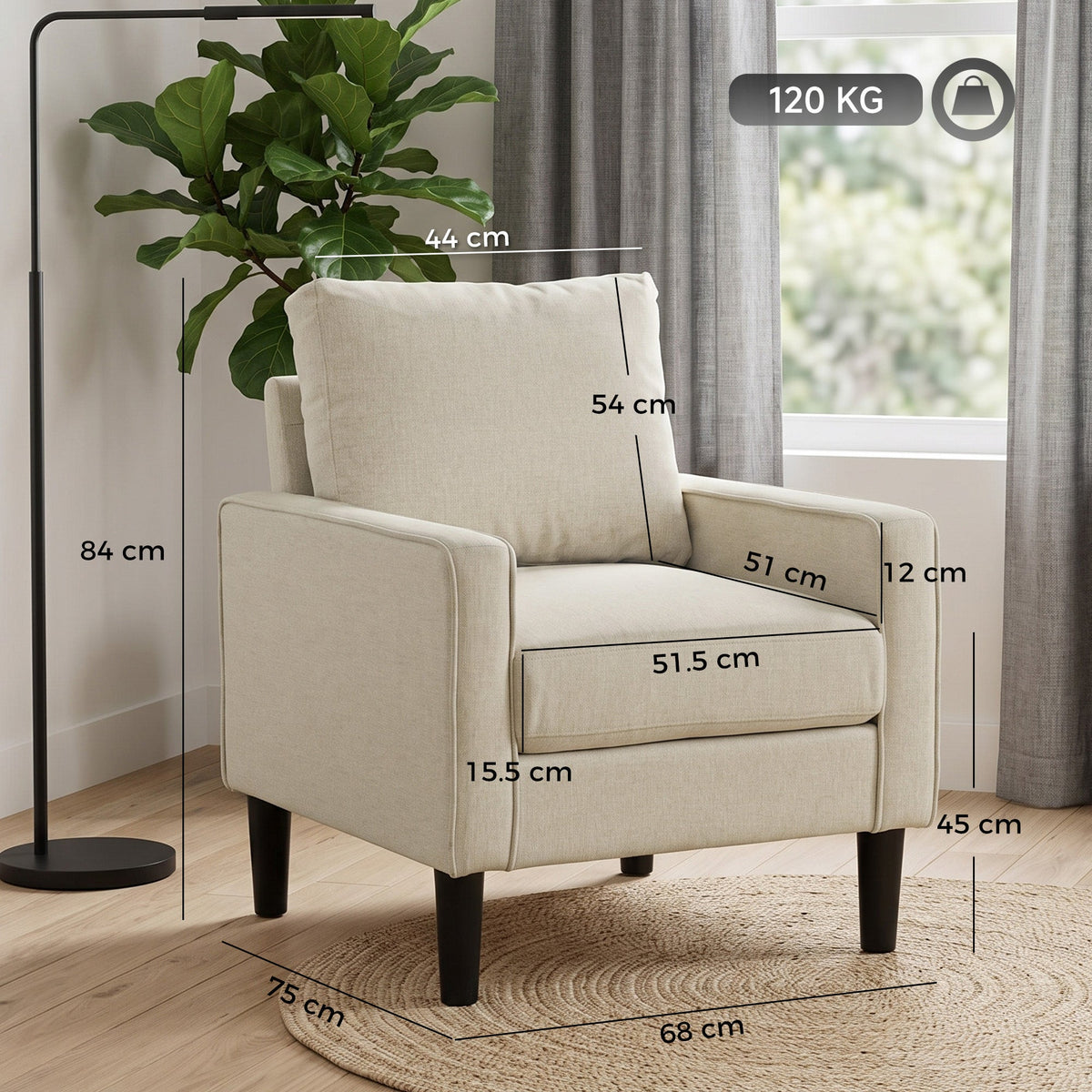 Armchair, Removable Pillow Linen Accent Chair, Comfy Spring Cushion Reading Lounge for Living Room, Bedroom, Study, Cream
