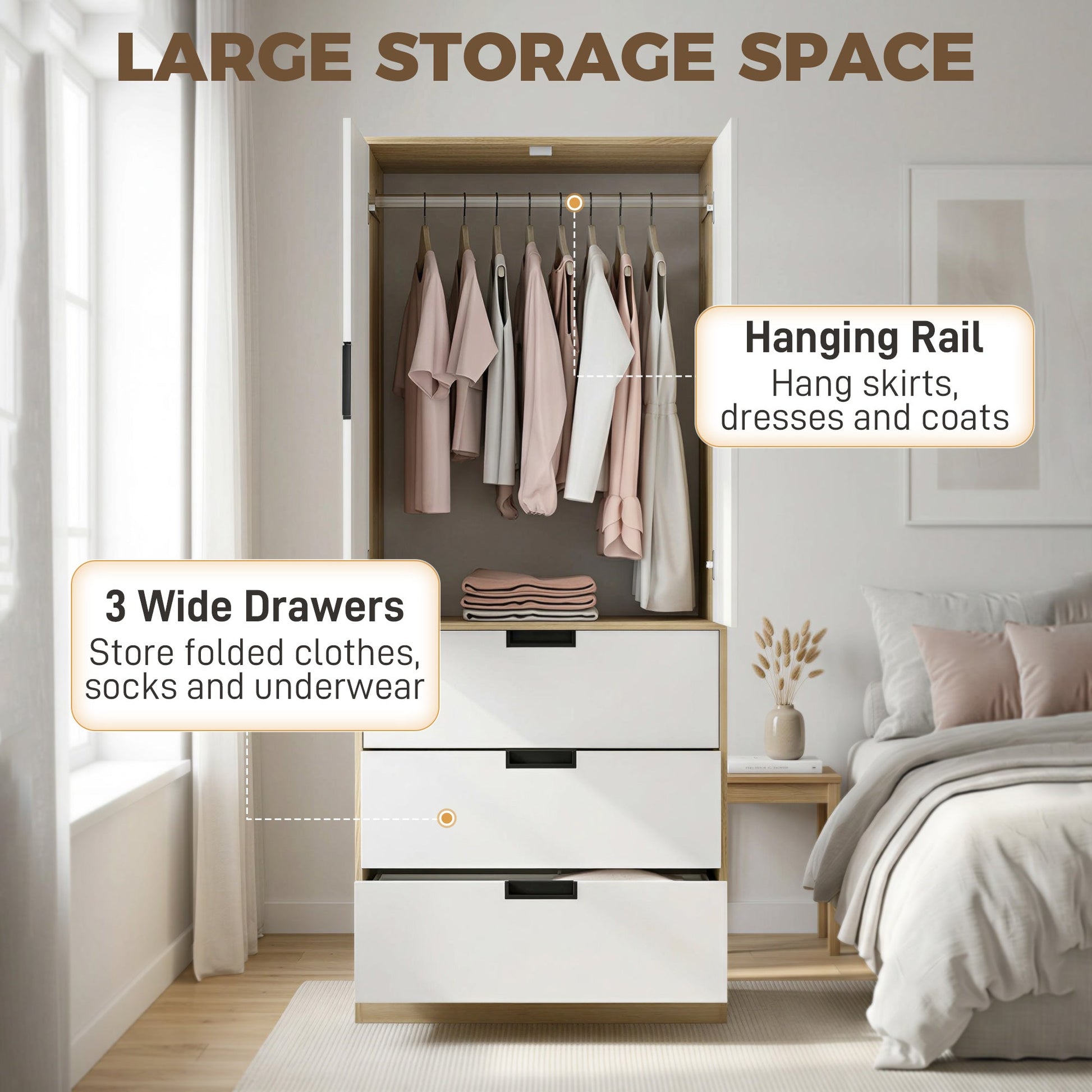 2 Door Wardrobe with 3 Drawers & Hanging Rail, Modern Clothes Storage Cupboard Unit, Bedroom Wardrobe with Soft Closing Hinge, 50D x 80W x 180Hcm, Oak