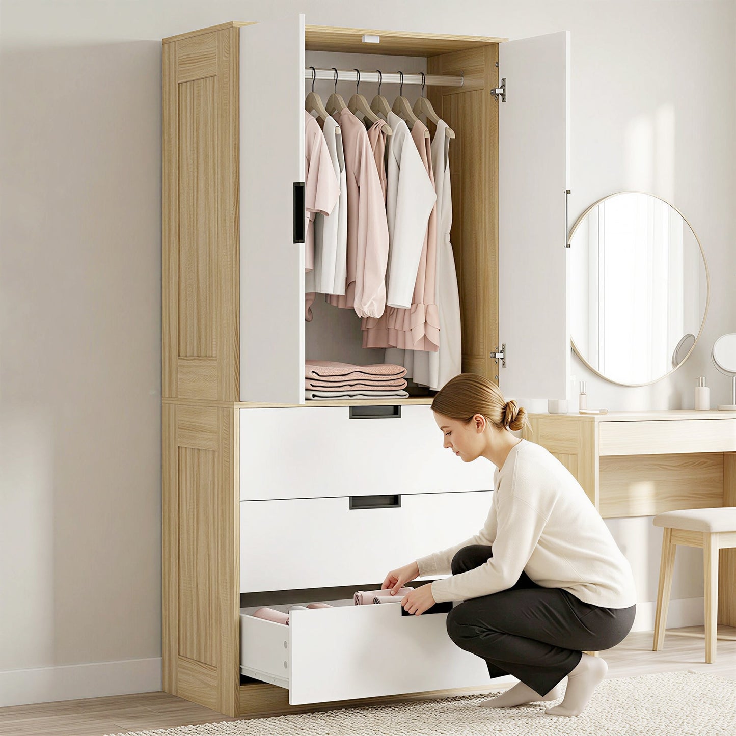 2 Door Wardrobe with 3 Drawers & Hanging Rail, Modern Clothes Storage Cupboard Unit, Bedroom Wardrobe with Soft Closing Hinge, 50D x 80W x 180Hcm, Oak