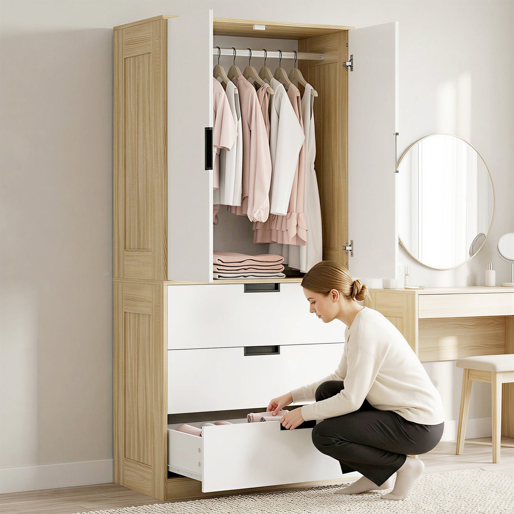 2 Door Wardrobe with 3 Drawers & Hanging Rail, Modern Clothes Storage Cupboard Unit, Bedroom Wardrobe with Soft Closing Hinge, 50D x 80W x 180Hcm, Oak