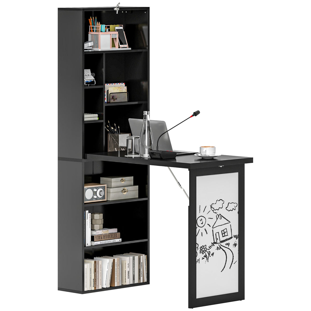HOMCOM Wall Mounted Computer Desk, Folding Study Table with White Board and Bookshelf, Multifunctional Floating Writing Desk for Home Office, Black