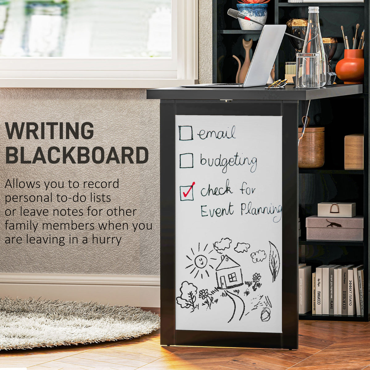 HOMCOM Wall Mounted Computer Desk, Folding Study Table with White Board and Bookshelf, Multifunctional Floating Writing Desk for Home Office, Black