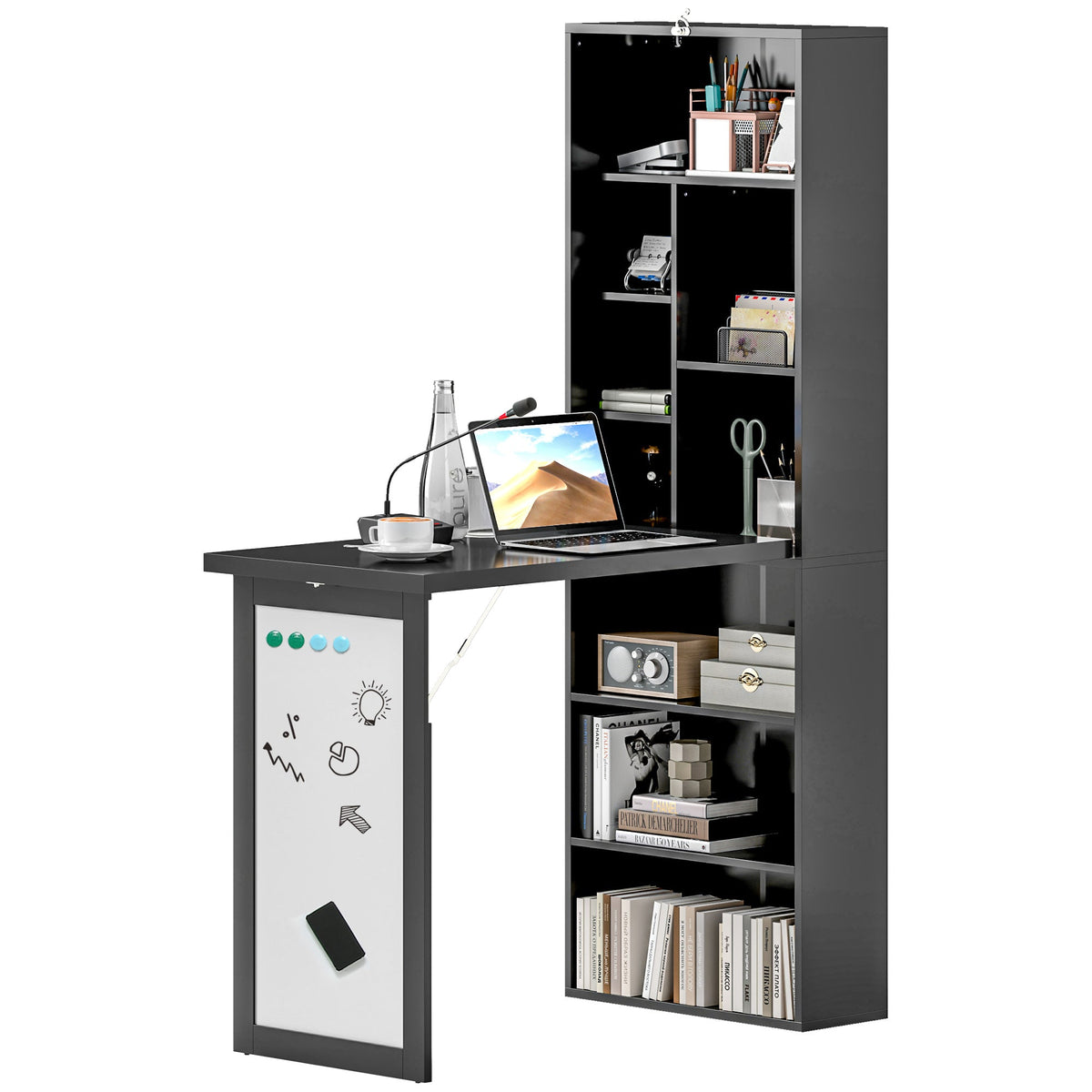 HOMCOM Wall Mounted Computer Desk, Folding Study Table with White Board and Bookshelf, Multifunctional Floating Writing Desk for Home Office, Black