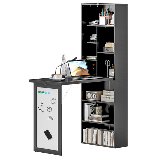 HOMCOM Wall Mounted Computer Desk, Folding Study Table with White Board and Bookshelf, Multifunctional Floating Writing Desk for Home Office, Black