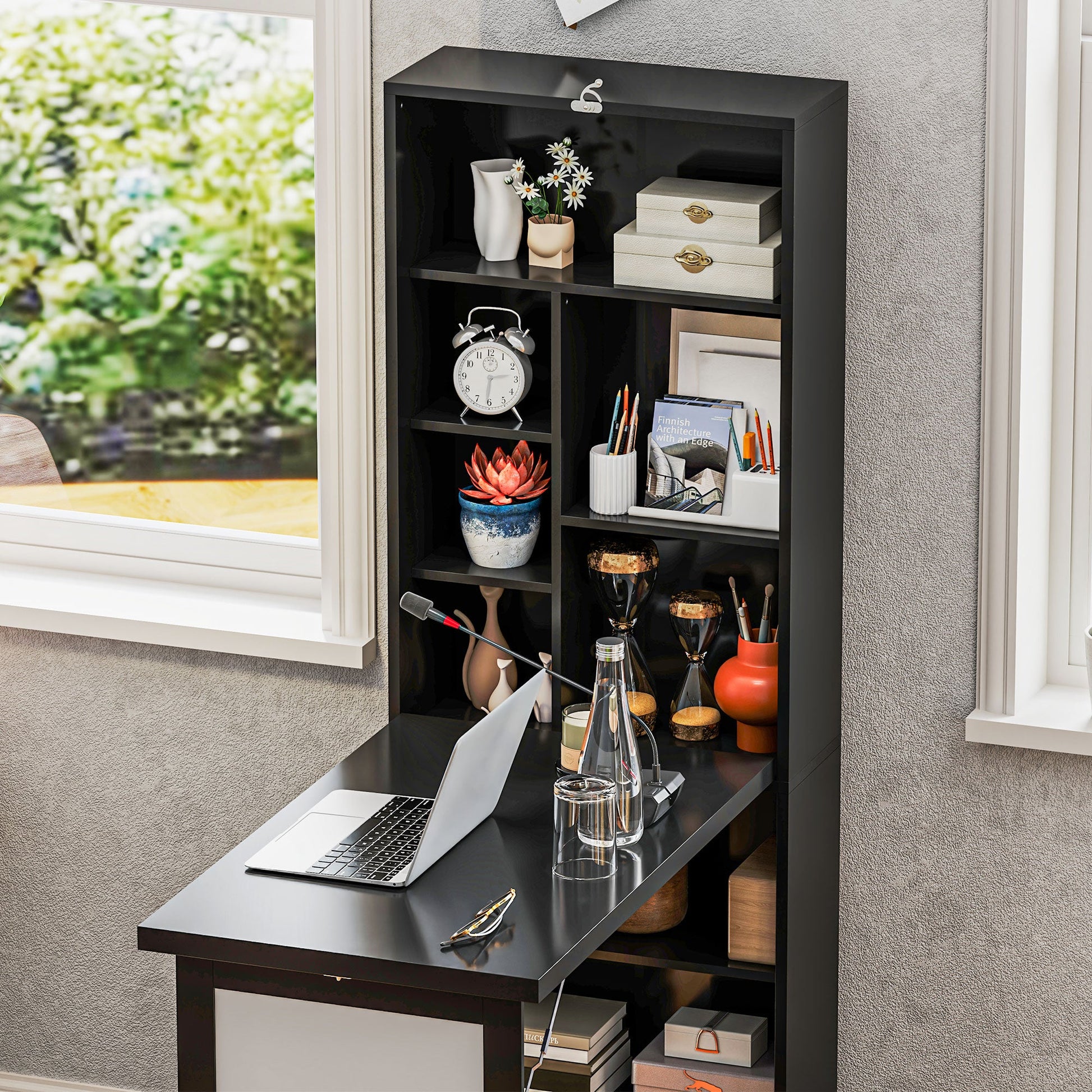 HOMCOM Wall Mounted Computer Desk, Folding Study Table with White Board and Bookshelf, Multifunctional Floating Writing Desk for Home Office, Black