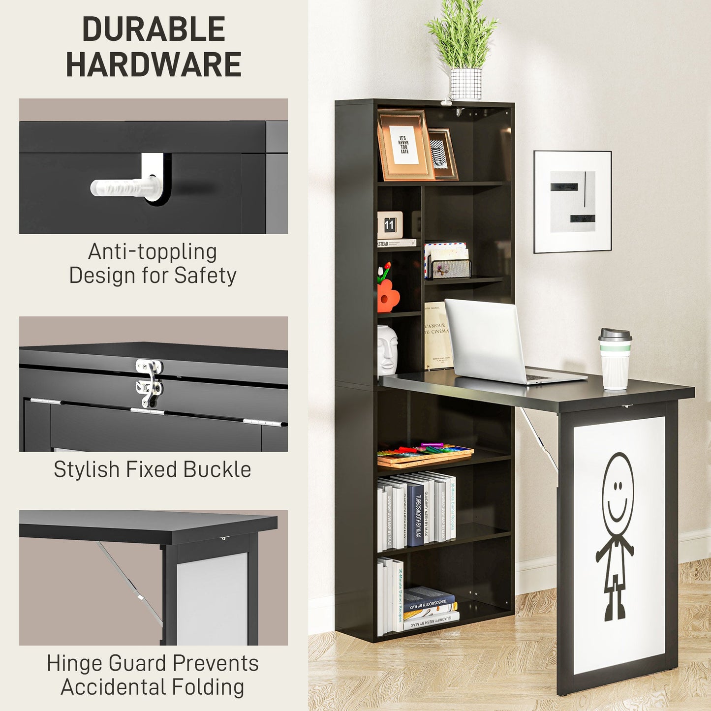 HOMCOM Wall Mounted Computer Desk, Folding Study Table with White Board and Bookshelf, Multifunctional Floating Writing Desk for Home Office, Black