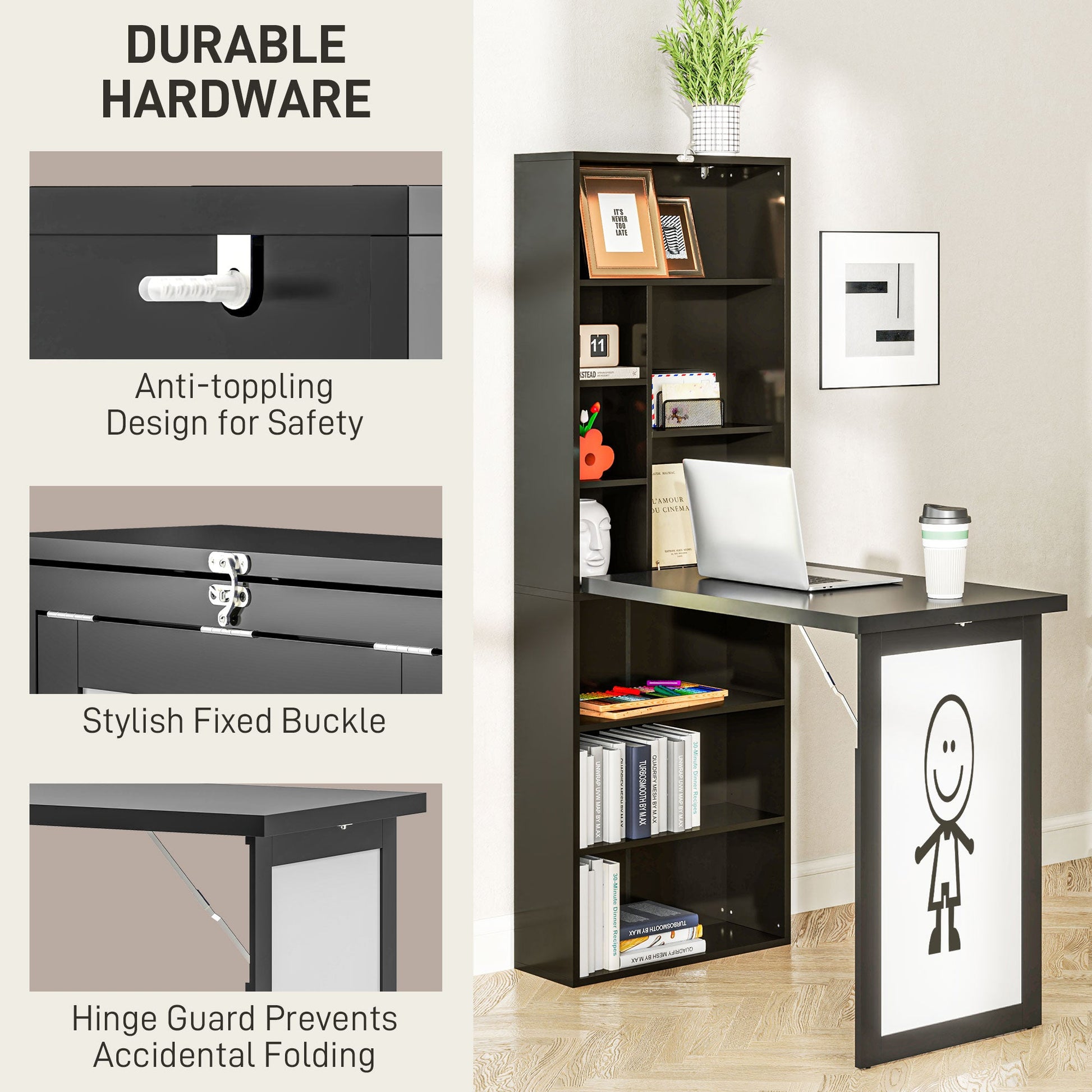 HOMCOM Wall Mounted Computer Desk, Folding Study Table with White Board and Bookshelf, Multifunctional Floating Writing Desk for Home Office, Black