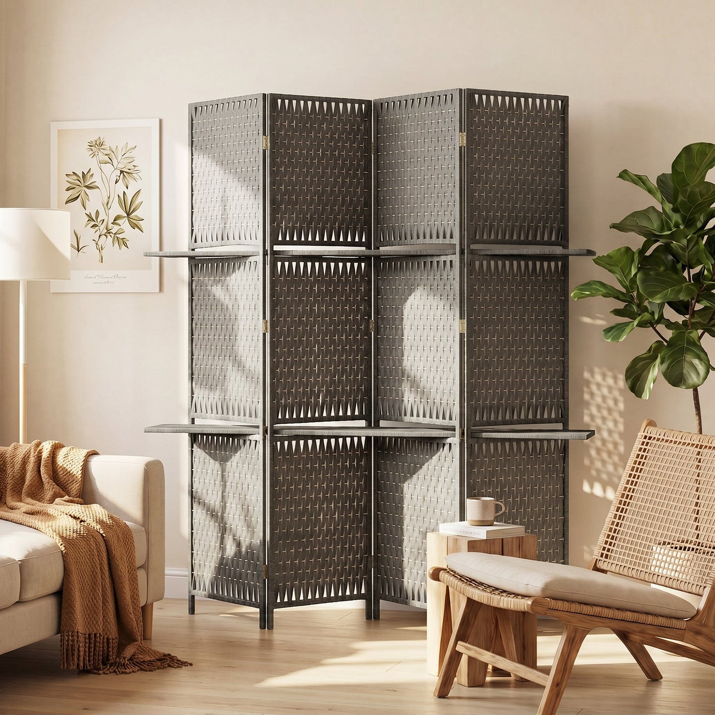 4-Panel Room Divider with Shelves, Wave Fibre Freestanding Folding Privacy Screen Panels, Partition Wall Divider for Indoor Bedroom Office, 180 cm, Grey