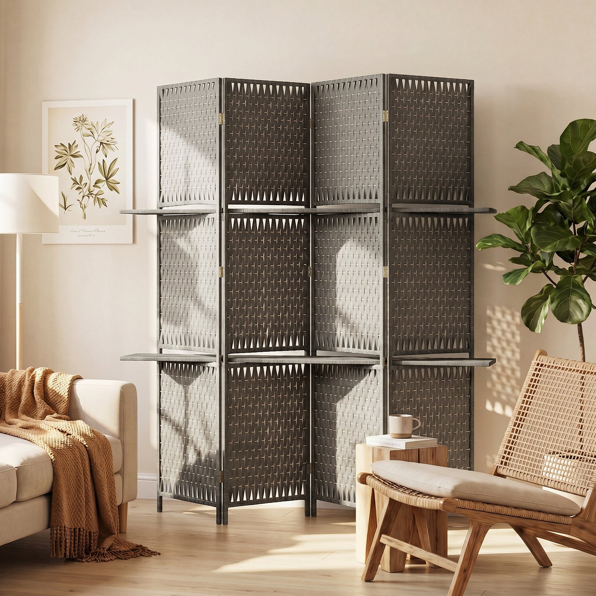 4-Panel Room Divider with Shelves, Wave Fibre Freestanding Folding Privacy Screen Panels, Partition Wall Divider for Indoor Bedroom Office, 180 cm, Grey